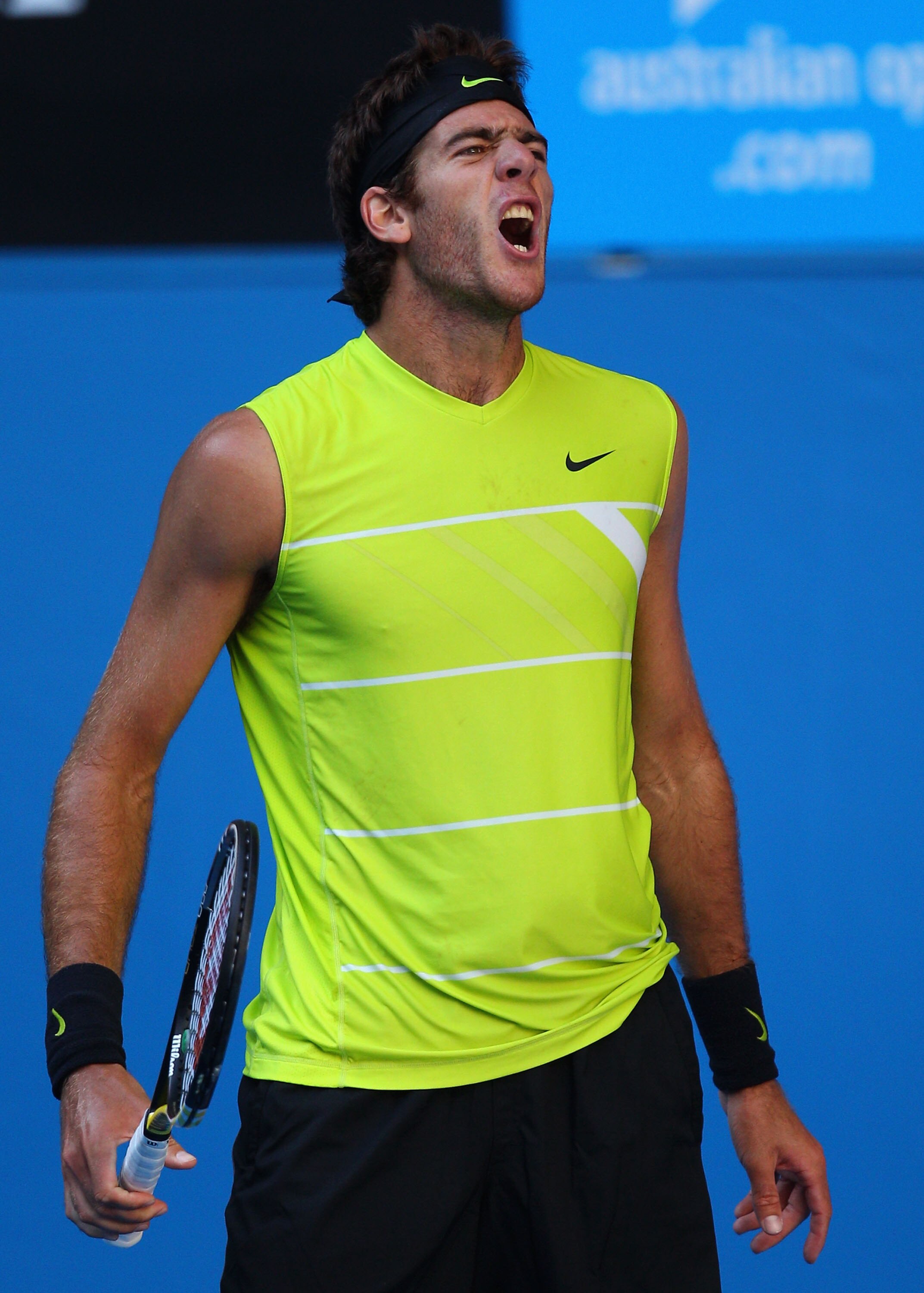 MELBOURNE, AUSTRALIA - JANUARY 24:  Juan Martin Del Potro of Argentina reacts after a point in his fourth round match against Marin Cilic of Croatia during day seven of the 2010 Australian Open at Melbourne Park on January 24, 2010 in Melbourne, Australia