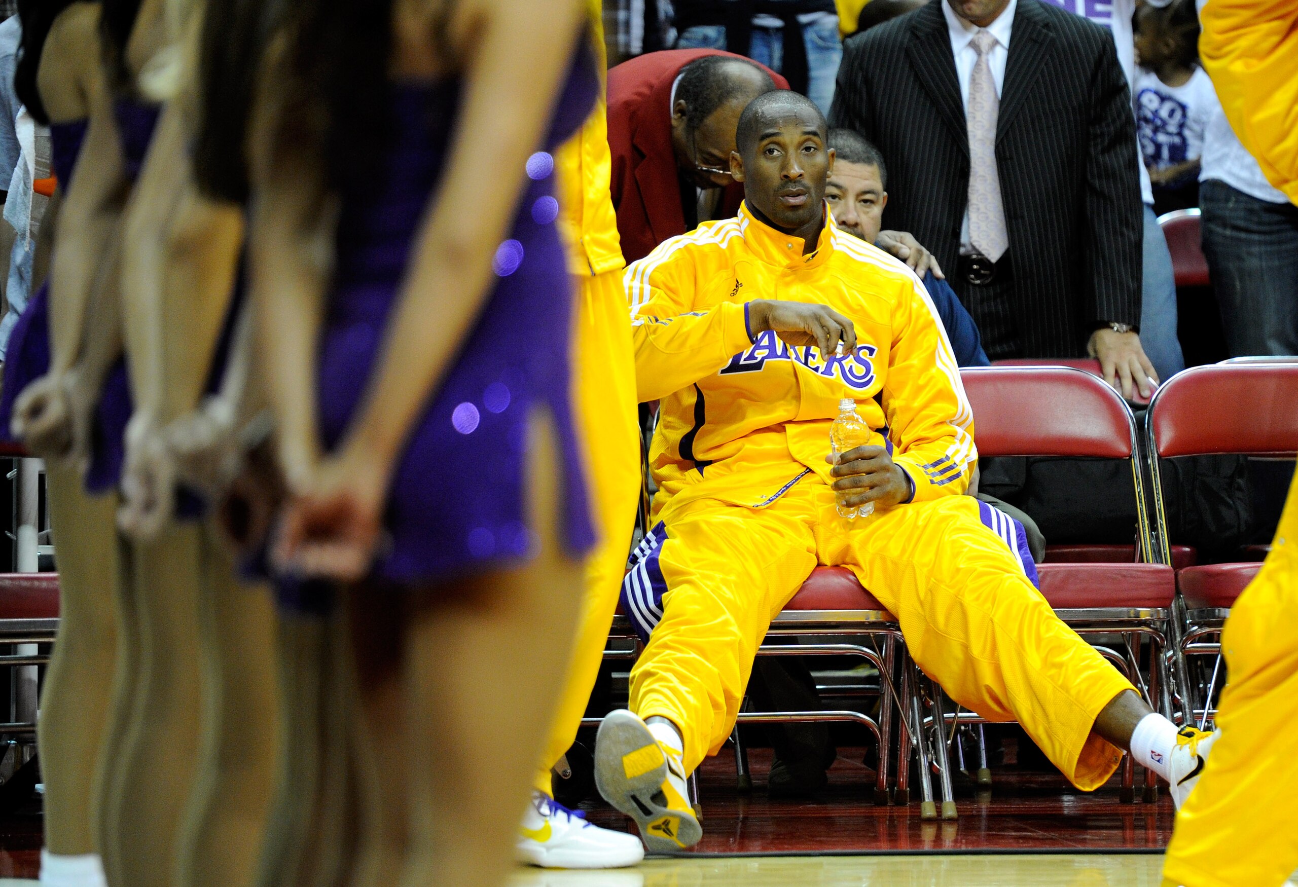 LAS VEGAS - OCTOBER 13:  Kobe Bryant #24 of the Los Angeles Lakers waits to be introduced before a preseason game against the Sacramento Kings at the Thomas & Mack Center October 13, 2010 in Las Vegas, Nevada. The Lakers won 98-95. NOTE TO USER: User expr