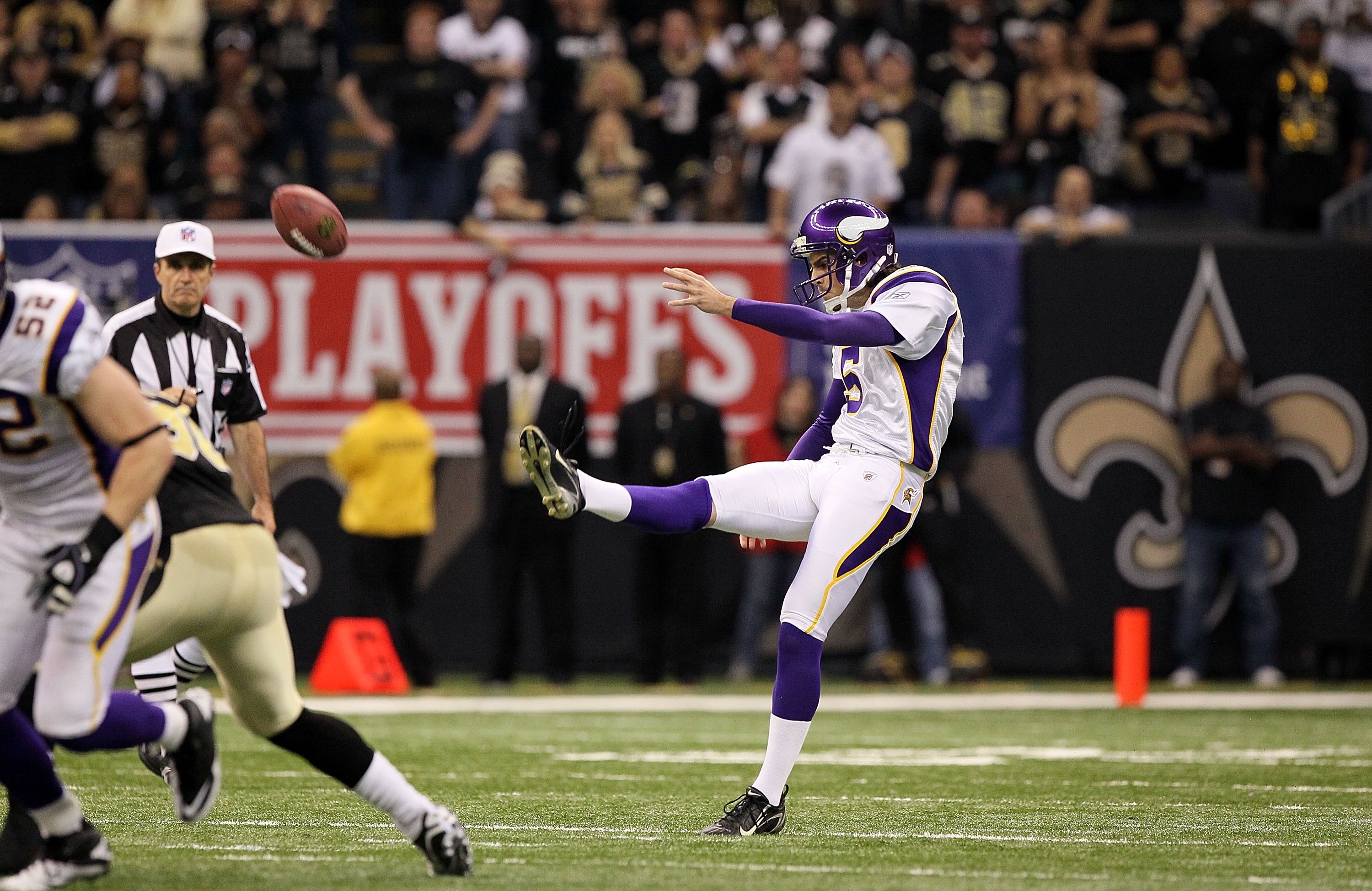 NEW ORLEANS - JANUARY 24:  Chris Kluwe #5 of the Minnesota Vikings punts the ball against the New Orleans Saints during the NFC Championship Game at the Louisiana Superdome on January 24, 2010 in New Orleans, Louisiana.  (Photo by Jed Jacobsohn/Getty Imag