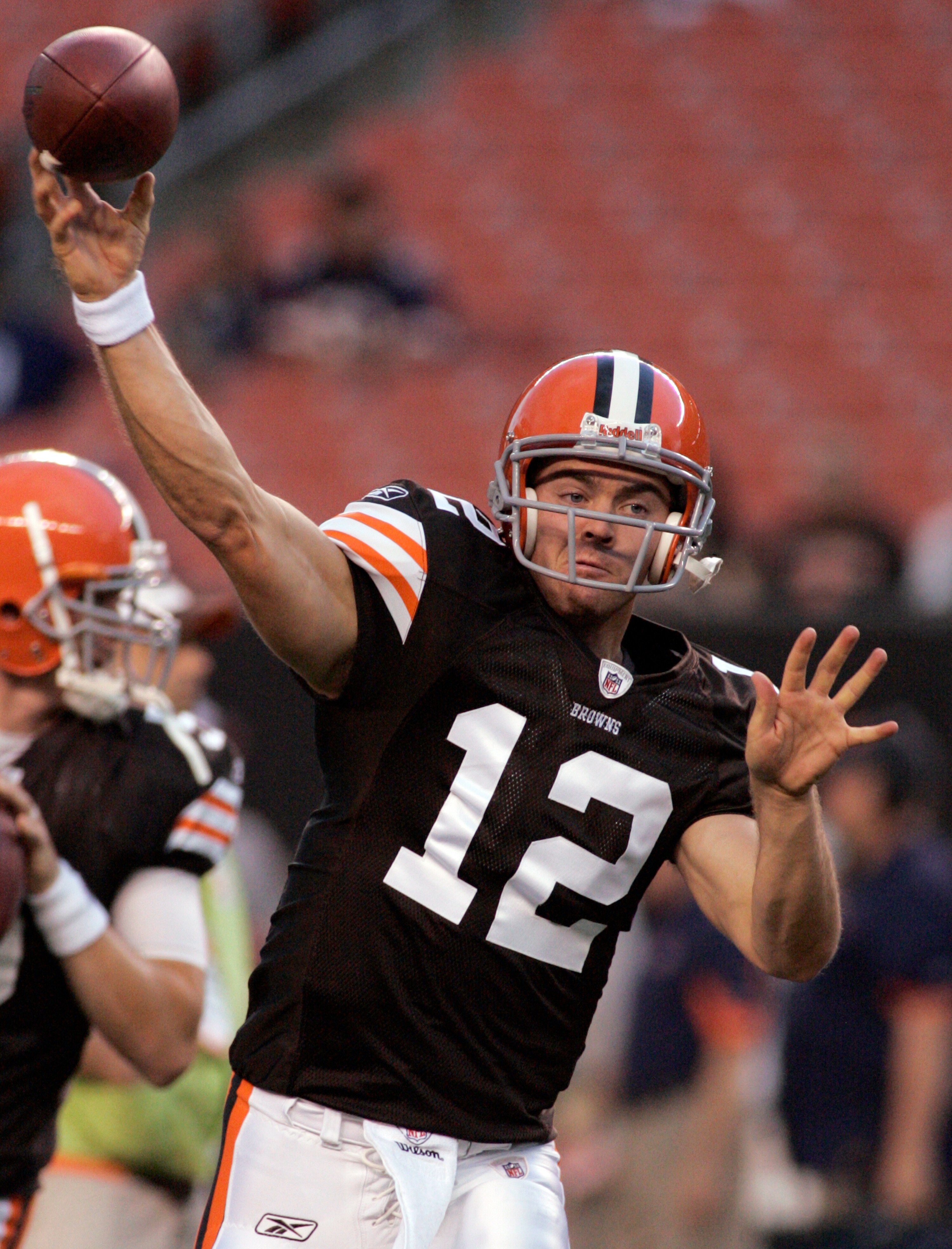 CLEVELAND - SEPTEMBER 2: Colt McCoy #12 of the Cleveland Browns warms up before the preseason game against the Chicago Bears on September 2, 2010 at Cleveland Browns Stadium in Cleveland, Ohio. The Browns defeated the Bears 13-10. (Photo by Justin K. Alle