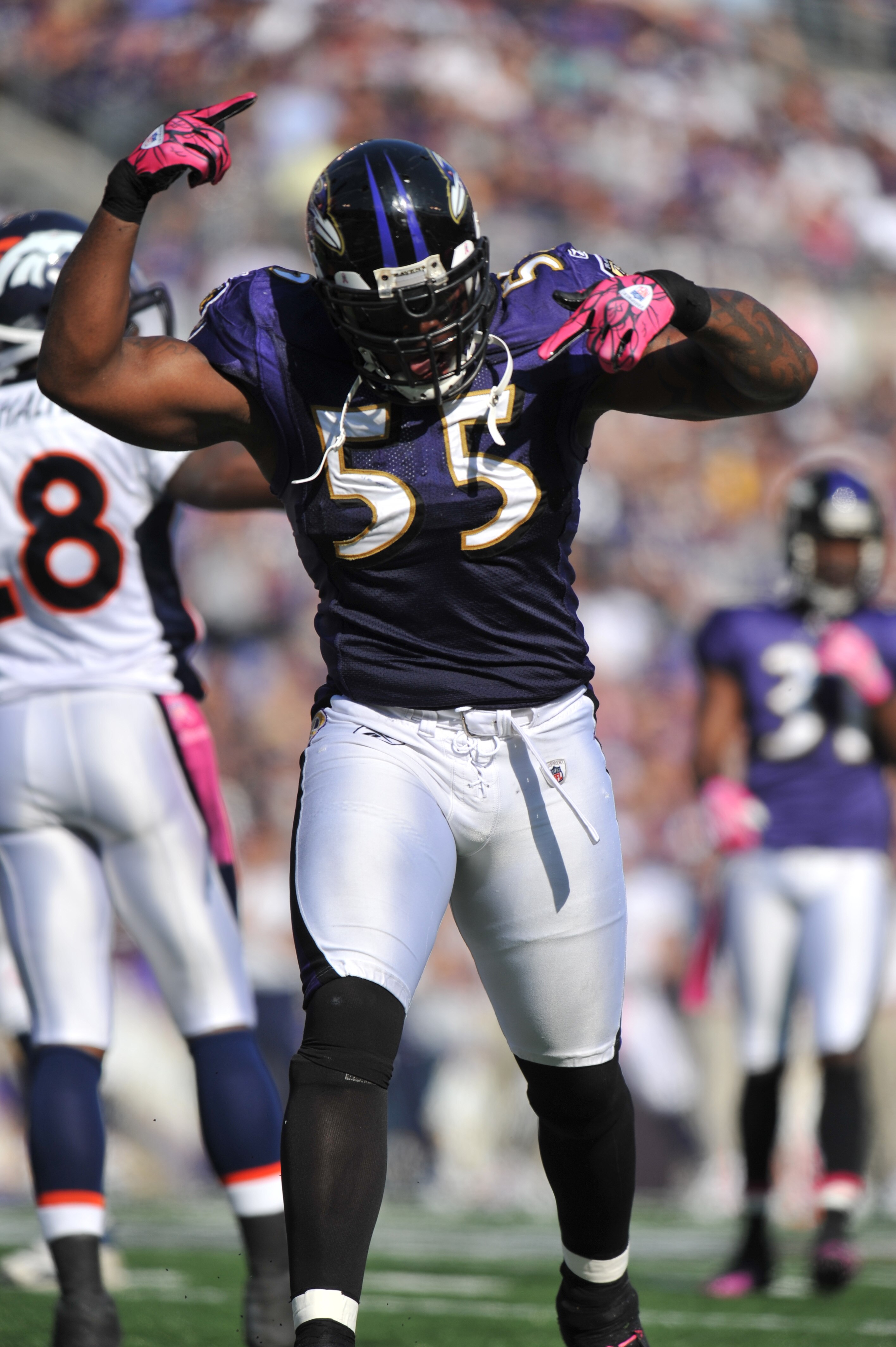 BALTIMORE, MD - OCTOBER 10: Terrell Suggs #55 of the Baltimore Ravens celebrates a play against the Denver Broncos at M&T Bank Stadium on October 10, 2010 in Baltimore, Maryland. Players wore pink in recognition of Breast Cancer Awareness Month. The Raven