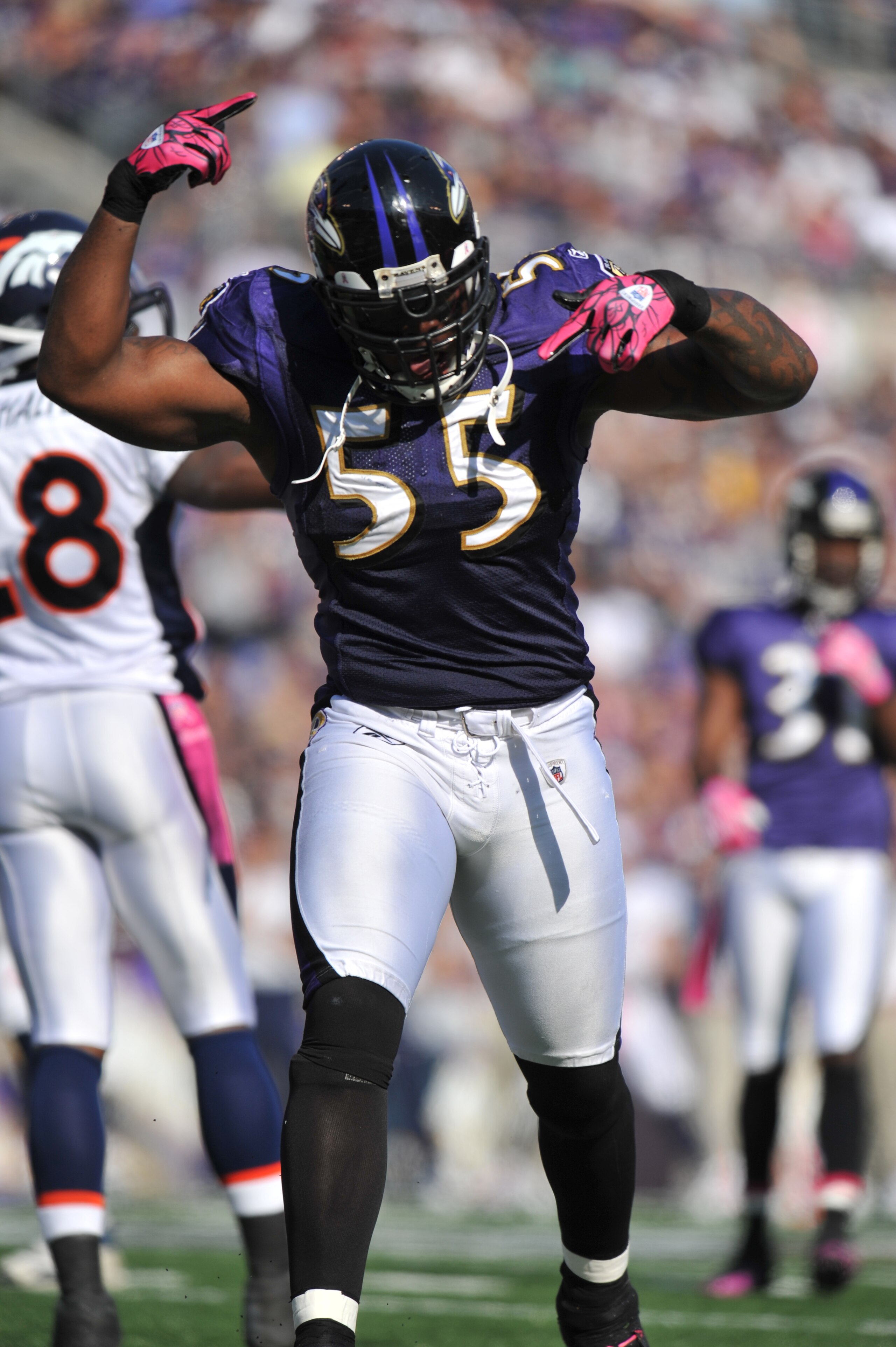 BALTIMORE, MD - OCTOBER 10: Terrell Suggs #55 of the Baltimore Ravens celebrates a play against the Denver Broncos at M&T Bank Stadium on October 10, 2010 in Baltimore, Maryland. Players wore pink in recognition of Breast Cancer Awareness Month. The Raven