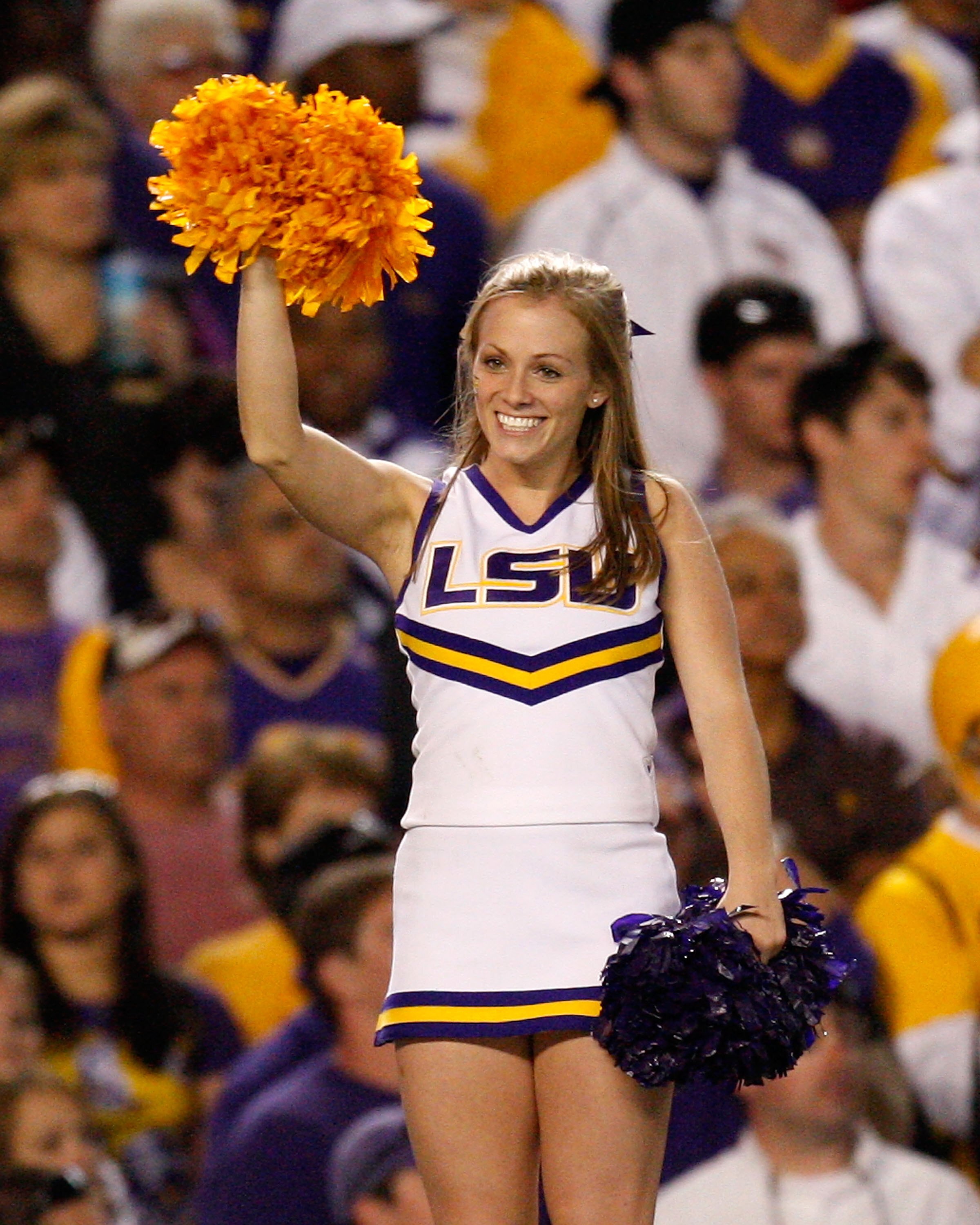 TUSCALOOSA, AL - NOVEMBER 07:  A cheerleader of the Louisiana State University Tigers cheers against the Alabama Crimson Tide at Bryant-Denny Stadium on November 7, 2009 in Tuscaloosa, Alabama.  (Photo by Kevin C. Cox/Getty Images)