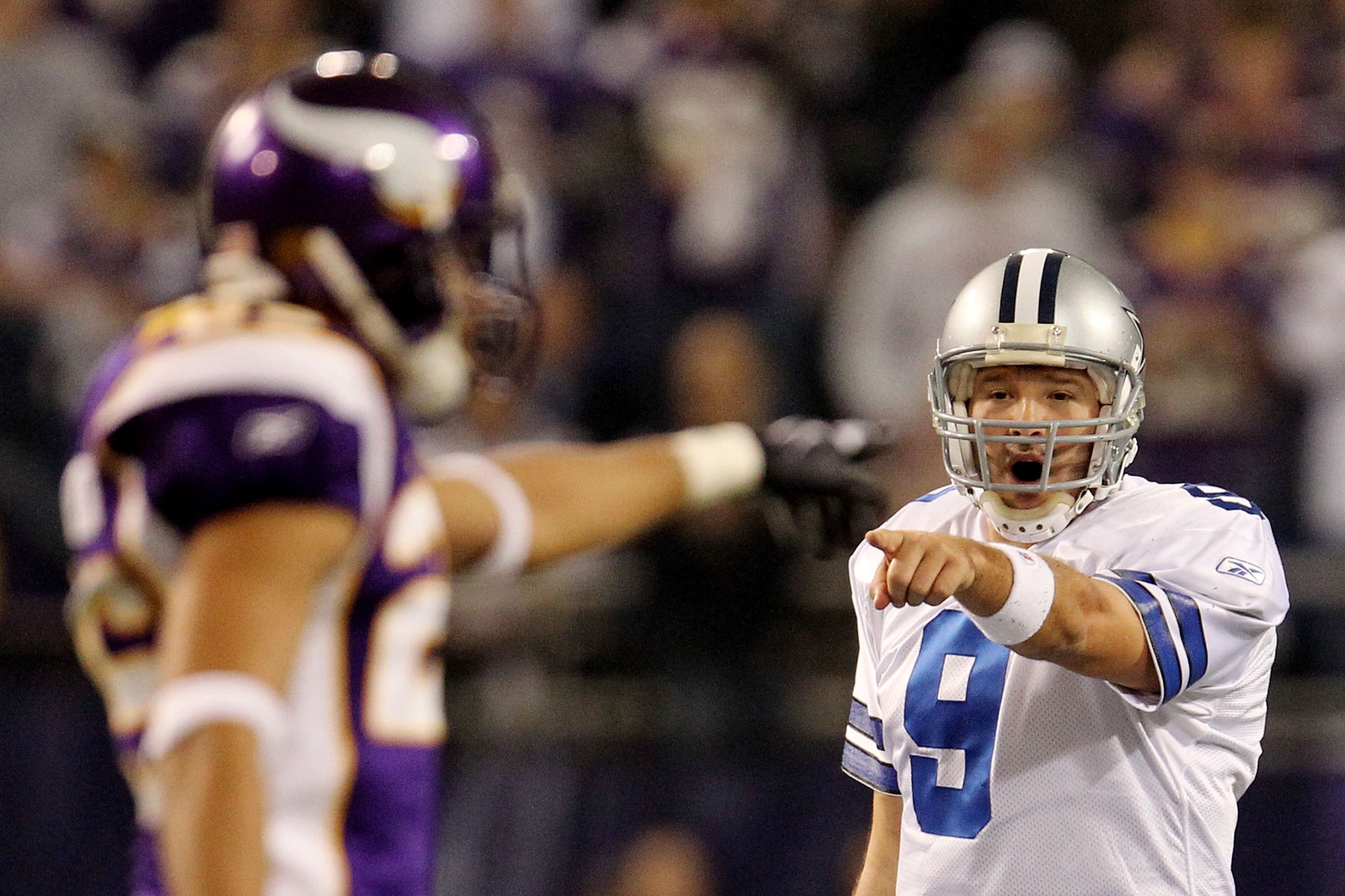 MINNEAPOLIS - JANUARY 17:  Tony Romo #9 of the Dallas Cowboys reacts during the game against the Minnesota Vikings during the NFC Divisional Playoff Game at Hubert H. Humphrey Metrodome on January 17, 2010 in Minneapolis, Minnesota. The Vikings defeated t