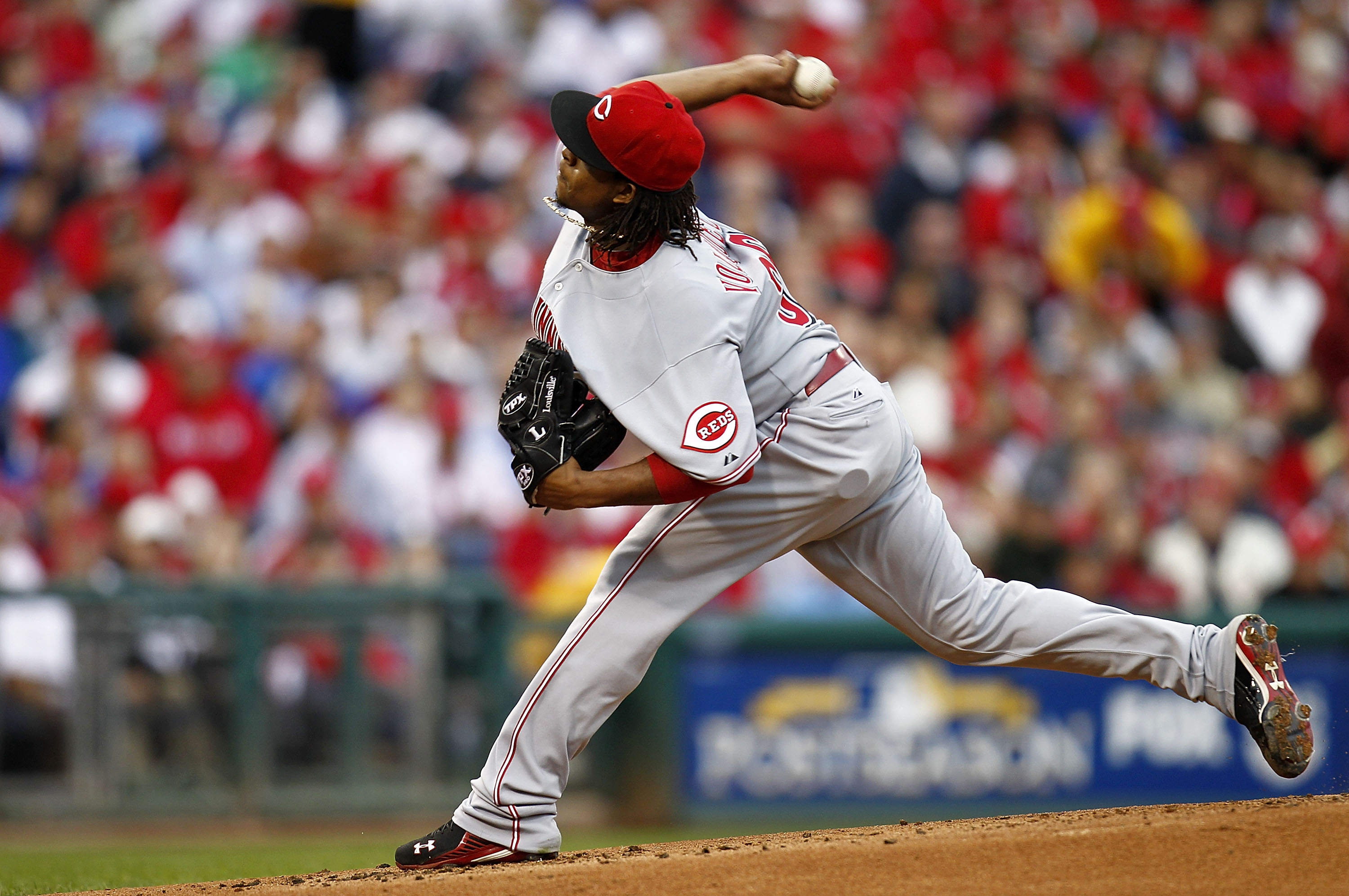 PHILADELPHIA - OCTOBER 06:  Edinson Volquez #36 of the Cincinnati Reds delivers in Game 1 of the NLDS against the Philadelphia Phillies at Citizens Bank Park on October 6, 2010 in Philadelphia, Pennsylvania.  (Photo by Jeff Zelevansky/Getty Images)