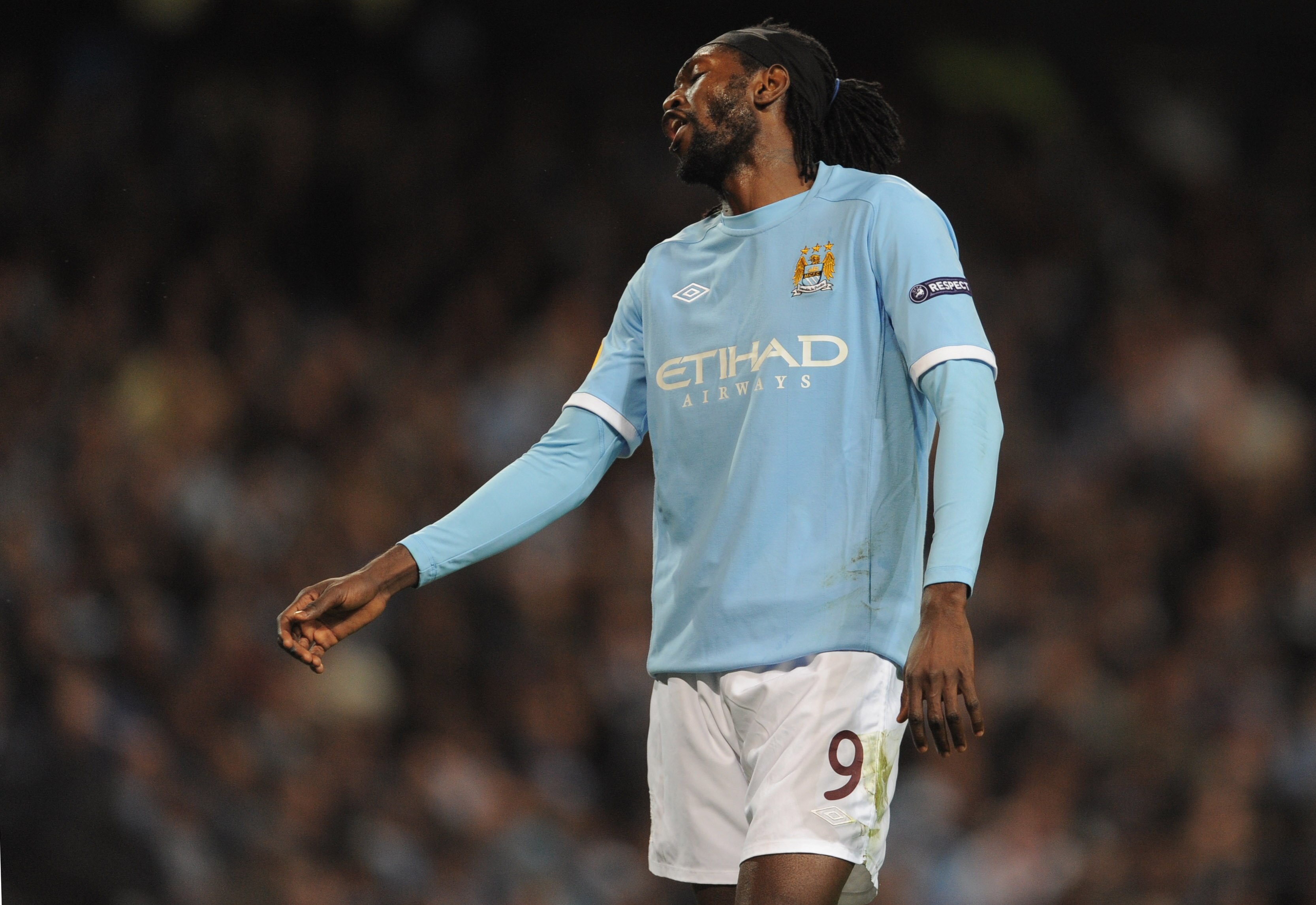 MANCHESTER, ENGLAND - SEPTEMBER 30:  Emmanuel Adebayor of Manchester City looks dejected during the UEFA Europa League Group A match  between Manchester City and Juventus FC at the City of Manchester Stadium on September 30, 2010 in Manchester, England.