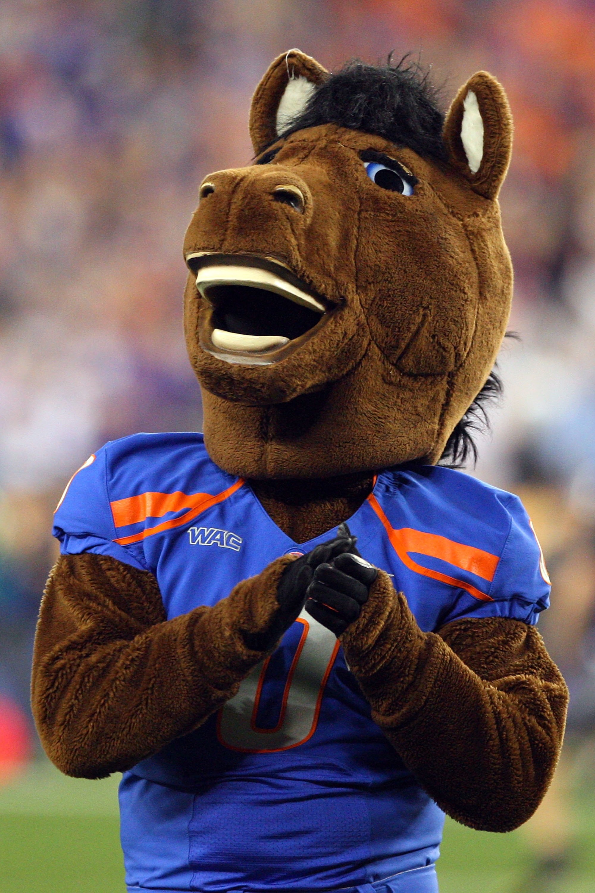 GLENDALE, AZ - JANUARY 04:  The Boise State Broncos mascot performs against the TCU Horned Frogs during the Tostitos Fiesta Bowl at the Universtity of Phoenix Stadium on January 4, 2010 in Glendale, Arizona.  (Photo by Christian Petersen/Getty Images)