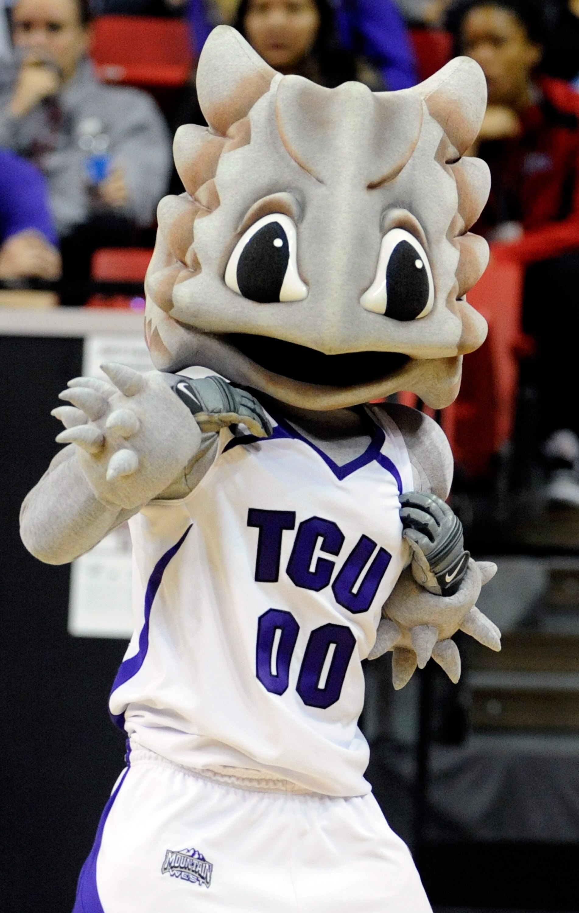 LAS VEGAS - MARCH 11:  The Texas Christian University Horned Frogs mascot Superfrog performs during a quarterfinal game against the Brigham Young University Cougars at the Conoco Mountain West Conference Basketball tournament at the Thomas & Mack Center M