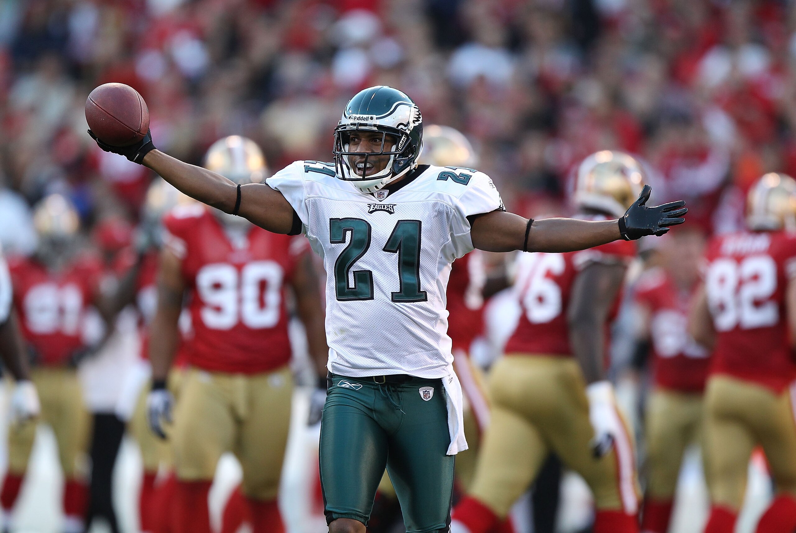 SAN FRANCISCO - OCTOBER 10:  Joselio Hanson #21 of the Philadelphia Eagles celebrates after recovering a fumble against the San Francisco 49ers during an NFL game at Candlestick Park on October 10, 2010 in San Francisco, California.  (Photo by Jed Jacobso