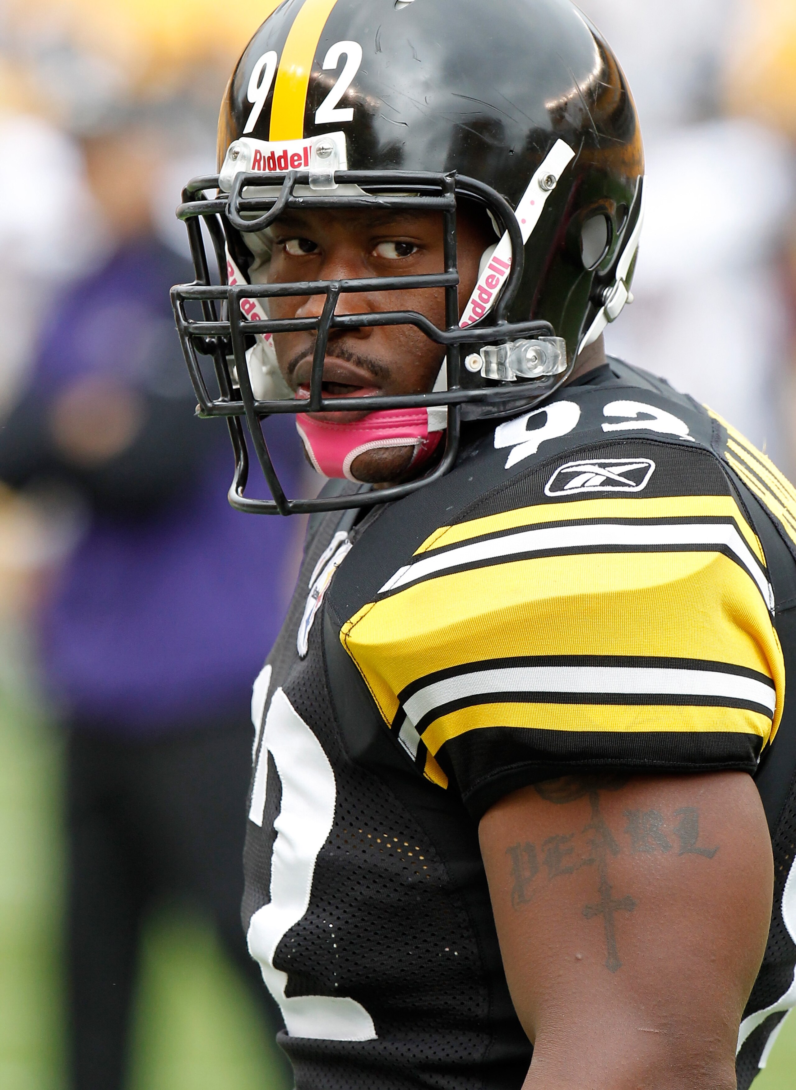PITTSBURGH - OCTOBER 03: James Harrison #92 of the Pittsburgh Steelers looks on during the game against the Baltimore Ravens on October 3, 2010 at Heinz Field in Pittsburgh, Pennsylvania. (Photo by Gregory Shamus/Getty Images)