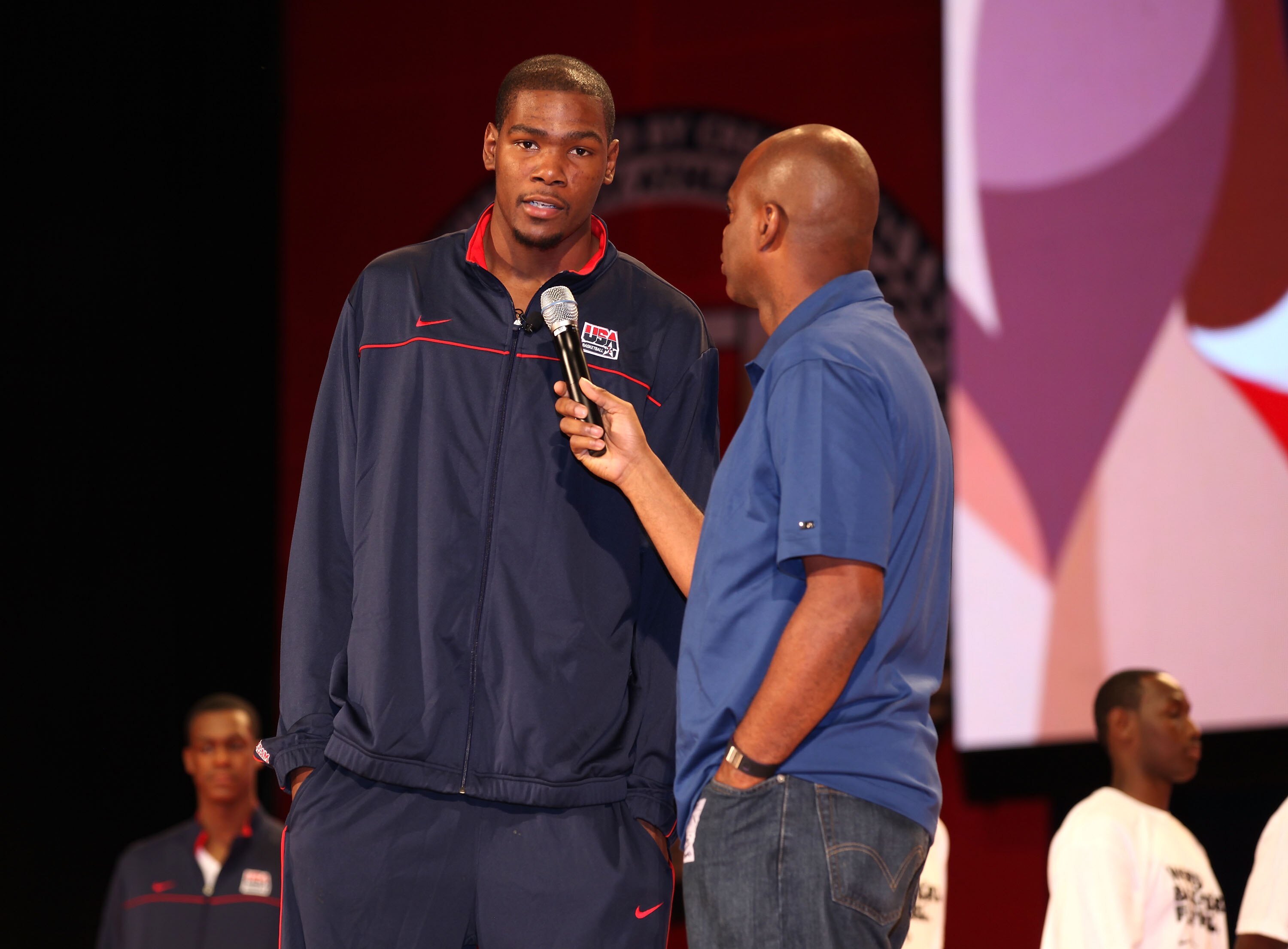 NEW YORK CITY, NY - AUGUST 12:  Kevin Durant of USAB is interviewed during the World Basketball Festival Community Morning at Radio City Music Hall on August 12, 2010 in New York, New York.  (Photo by Marc Lecureuil/Getty Images for Nike)