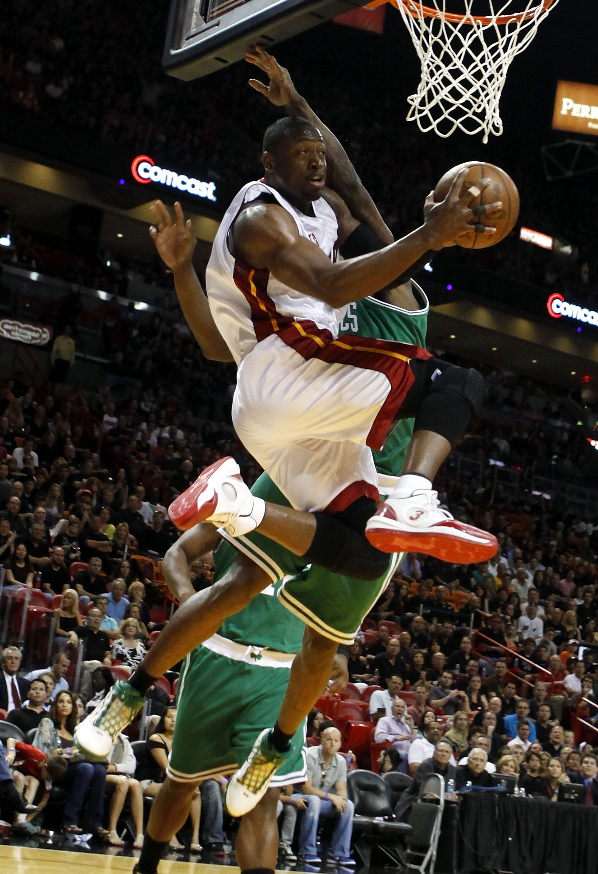 MIAMI - APRIL 25:  Guard Dwyane Wade #3 of the Miami Heat drives in against the Boston Celtics in Game Four of the Eastern Conference Quarterfinals during the 2010 NBA Playoffs at American Airlines Arena on April 25, 2010 in Miami, Florida. Wdae had 46 po