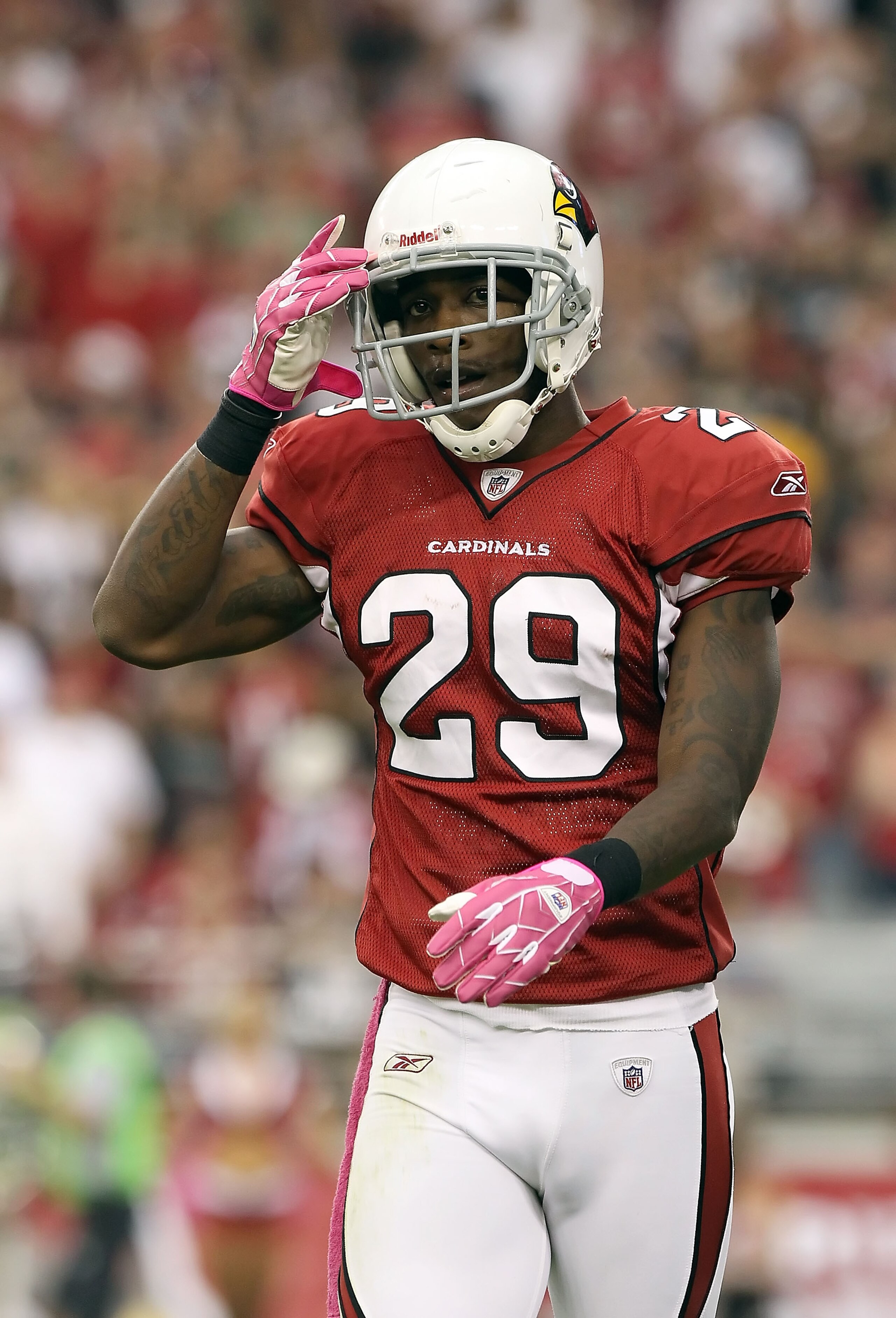 GLENDALE, AZ - OCTOBER 10: Cornerback Dominique Rodgers-Cromartie #29 of the Arizona Cardinals during the NFL game against the New Orleans Saints at the University of Phoenix Stadium on October 10, 2010 in Glendale, Arizona. The Cardinals defeated the Sa GLENDALE, AZ - OCTOBER 10: Cornerback Dominique Rodgers-Cromartie #29 of the Arizona Cardinals during the NFL game against the New Orleans Saints at the University of Phoenix Stadium on October 10, 2010 in Glendale, Arizona. The Cardinals defeated the Sa