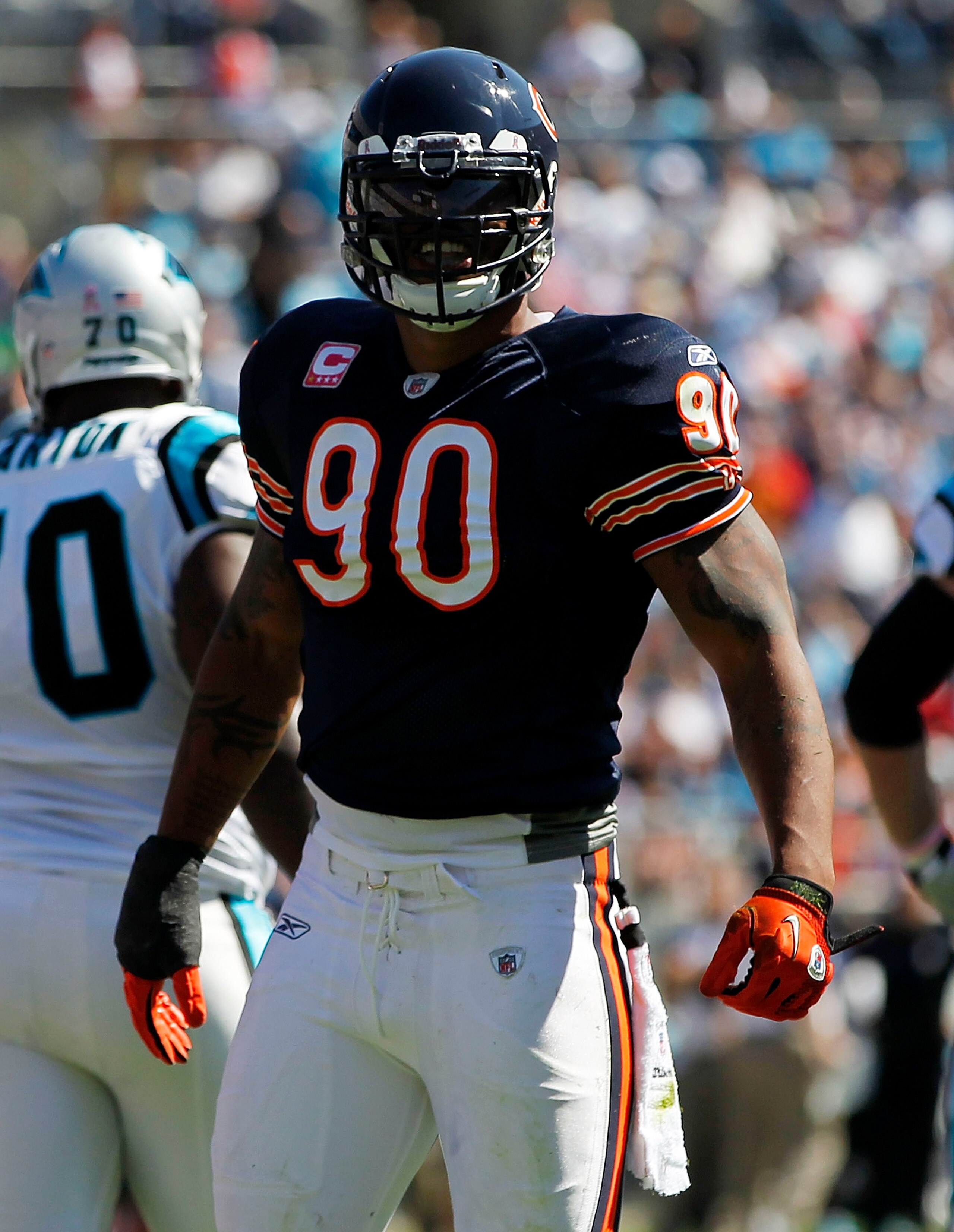 CHARLOTTE, NC - OCTOBER 10: Defensive end Julius Peppers #90 of the Chicago Bears stands on the field against the Carolina Panthers at Bank of America Stadium on October 10, 2010 in Charlotte, North Carolina. (Photo by Geoff Burke/Getty Images) CHARLOTTE, NC - OCTOBER 10: Defensive end Julius Peppers #90 of the Chicago Bears stands on the field against the Carolina Panthers at Bank of America Stadium on October 10, 2010 in Charlotte, North Carolina. (Photo by Geoff Burke/Getty Images)