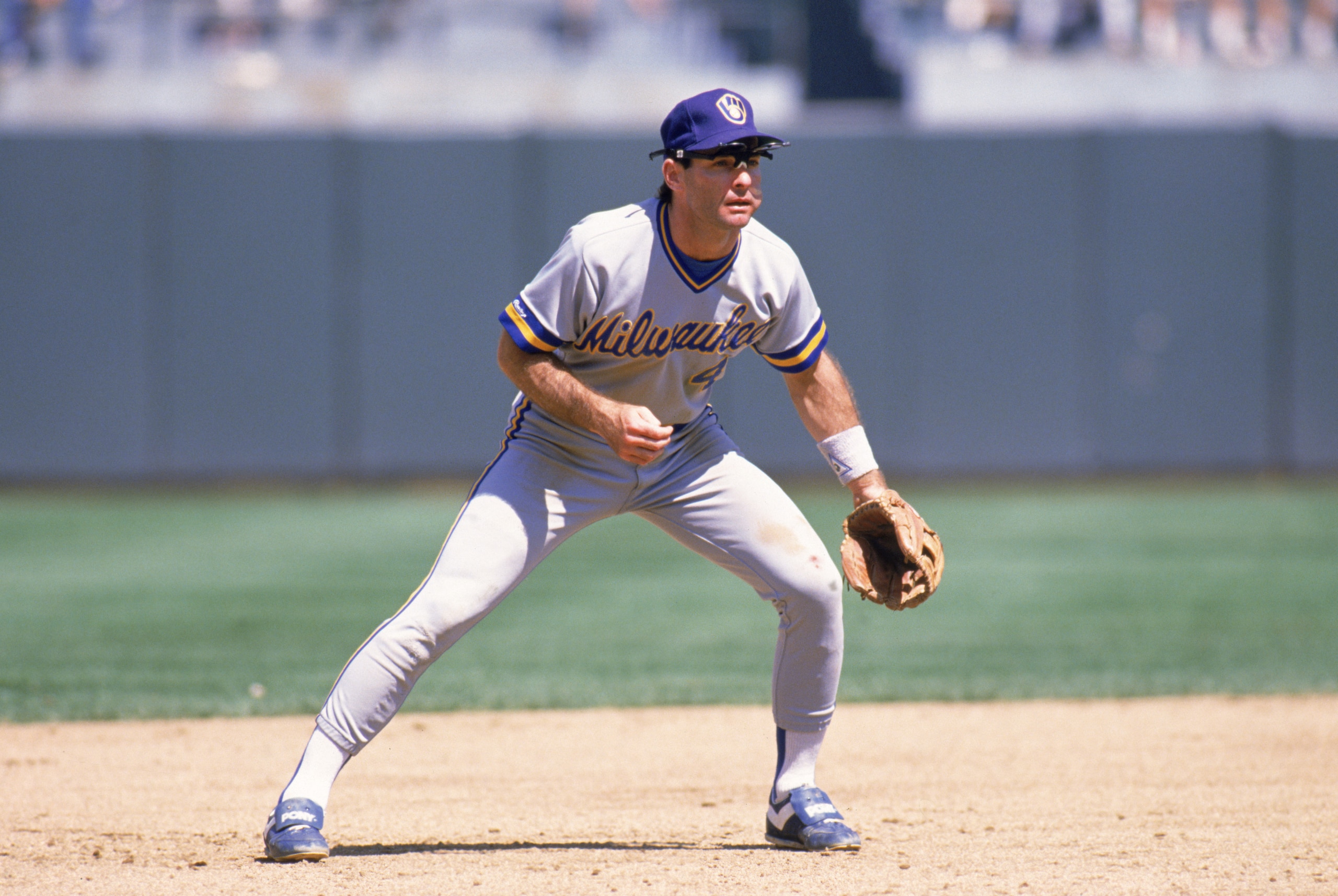 OAKLAND, CA - 1989:  Paul Molitor #4 of the Milwaukee Brewers plays defense during the 1989 season game against the Oakland Athletics at Oakland-Alameda County Coliseum in Oakland, California.  (Photo by Otto Greule Jr/Getty Images)