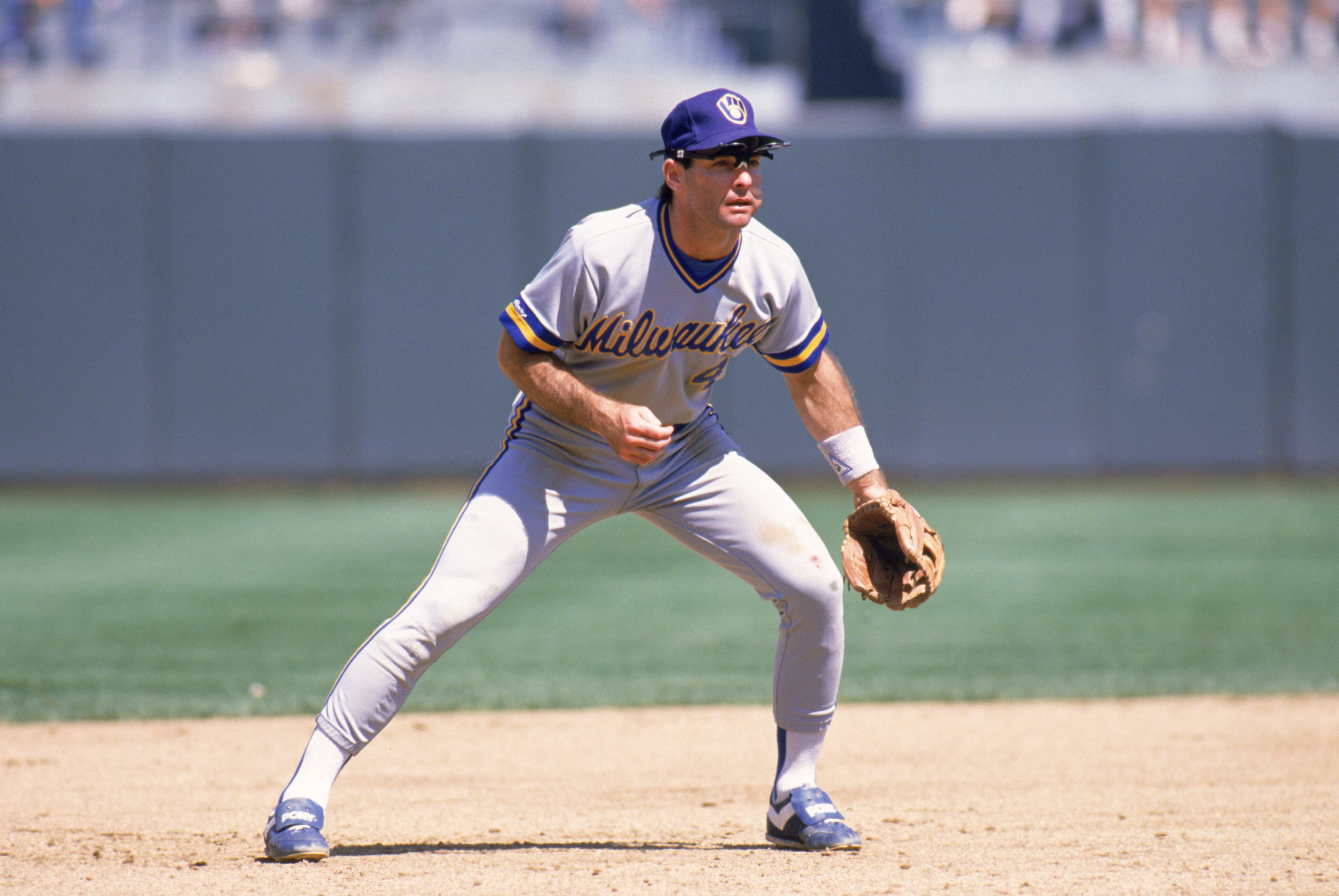 OAKLAND, CA - 1989:  Paul Molitor #4 of the Milwaukee Brewers plays defense during the 1989 season game against the Oakland Athletics at Oakland-Alameda County Coliseum in Oakland, California.  (Photo by Otto Greule Jr/Getty Images)