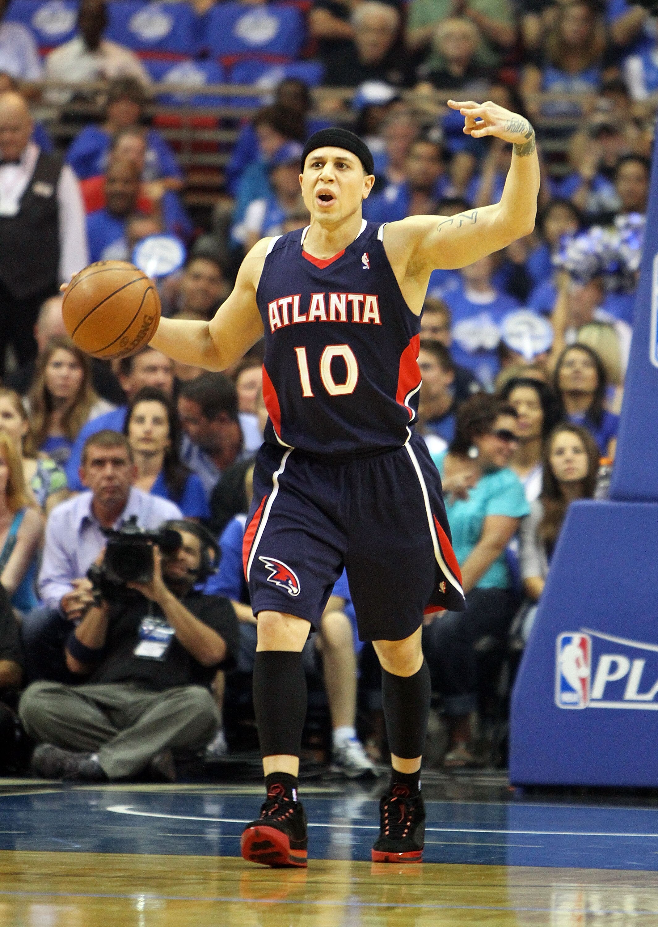 ORLANDO, FL - MAY 04:  Mike Bibby #10 of the Atlanta Hawks calls out a play while bringing the ball up-court against the Orlando Magic in Game One of the Eastern Conference Semifinals during the 2010 NBA Playoffs at Amway Arena on May 4, 2010 in Orlando,