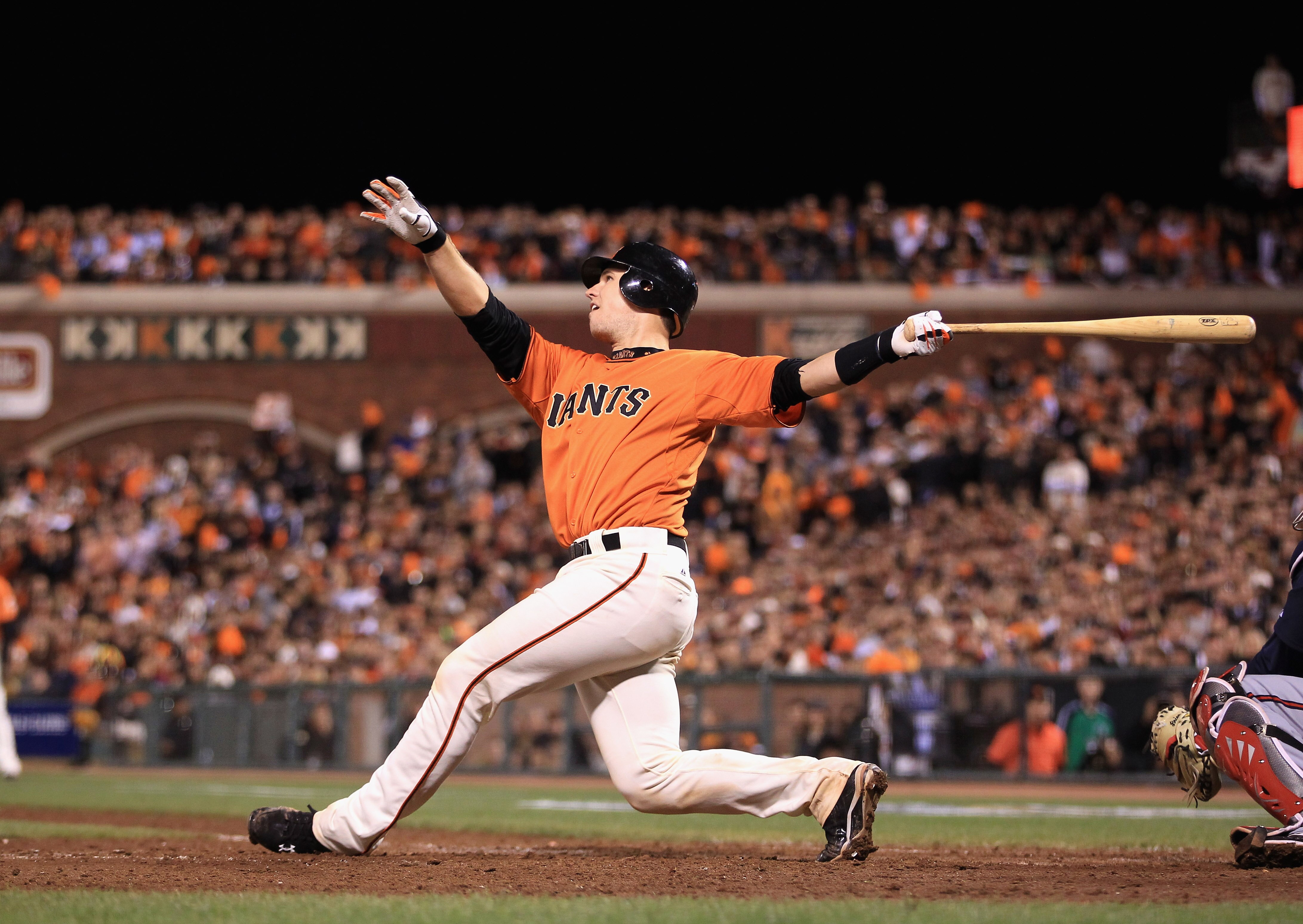 SAN FRANCISCO - OCTOBER 08:  Buster Posey #28 of the San Francisco Giants bats against the Atlanta Braves in game 2 of the NLDS at AT&T Park on October 8, 2010 in San Francisco, California.  (Photo by Ezra Shaw/Getty Images)