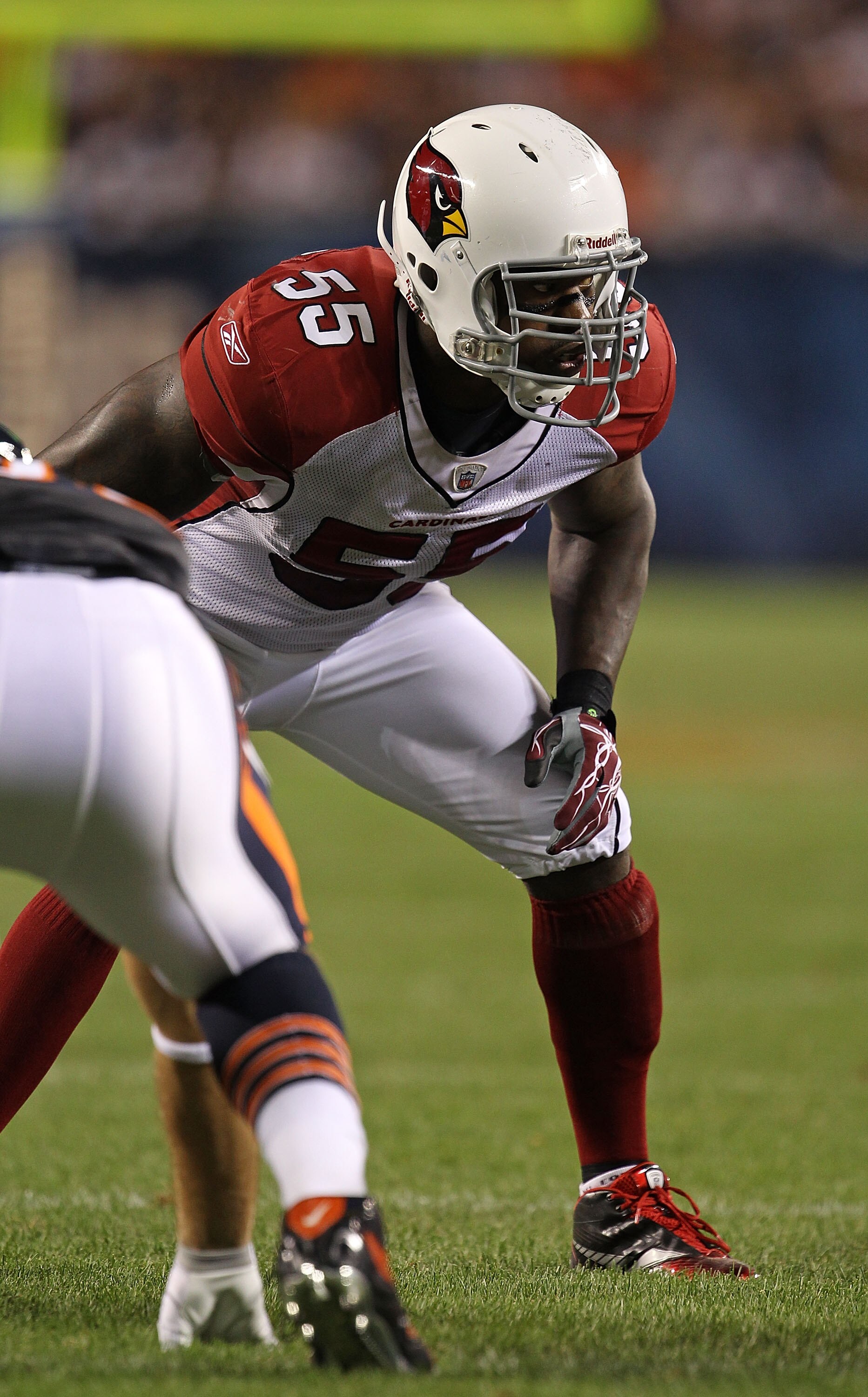CHICAGO - AUGUST 28: Joey Porter #55 of the Arizona Cardinals awaits the start of play during a preseason game against the Chicago Bears at Soldier Field on August 28, 2010 in Chicago, Illinois. The Cardinals defeated the Bears 14-9. (Photo by Jonathan Da