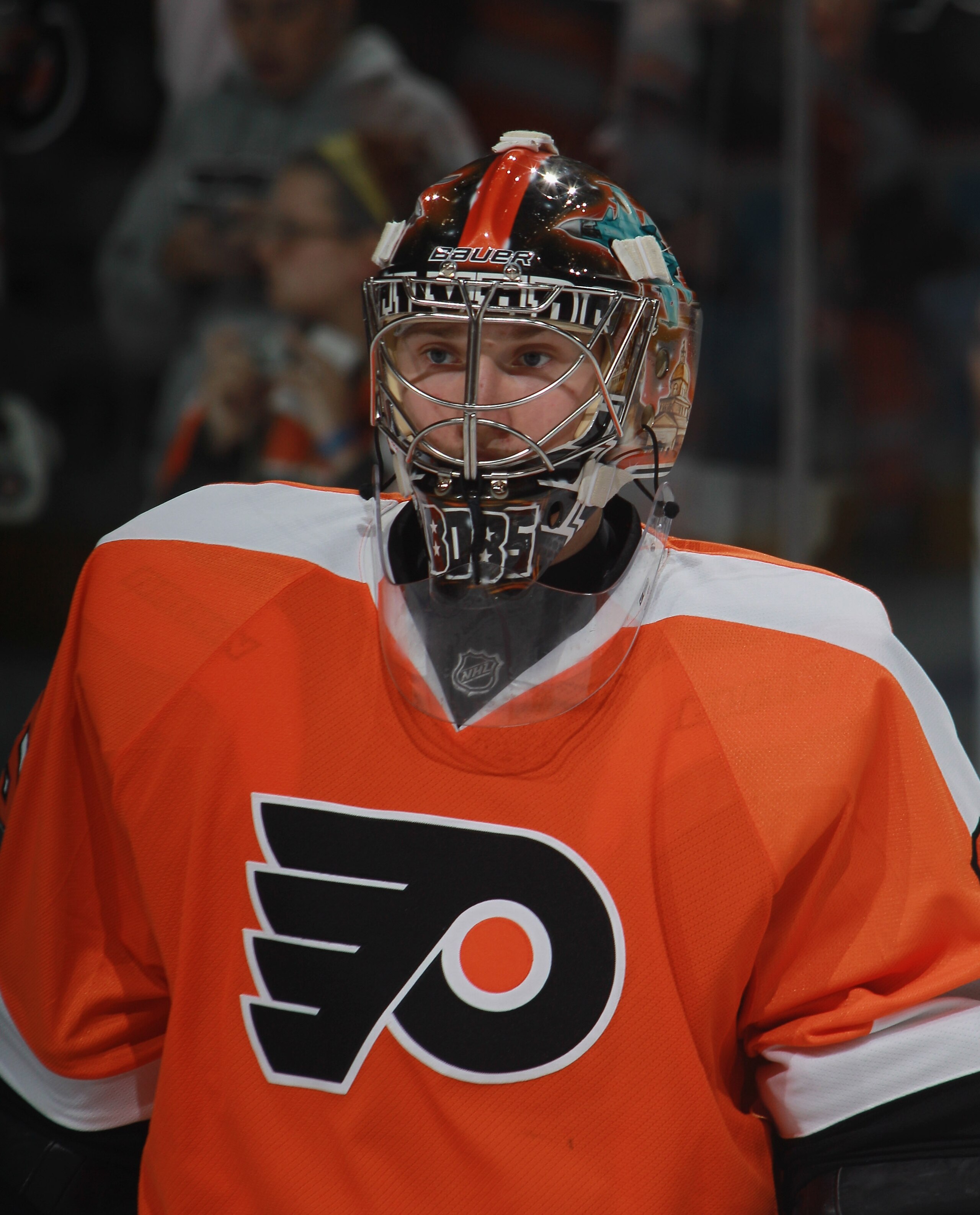 PHILADELPHIA - OCTOBER 14:  Sergei Bobrovsky #35 of the Philadelphia Flyers skates in warmups prior to a game against the Tampa Bay Lightning at the Wells Fargo Center on October 14, 2010 in Philadelphia, Pennsylvania.  (Photo by Bruce Bennett/Getty Image
