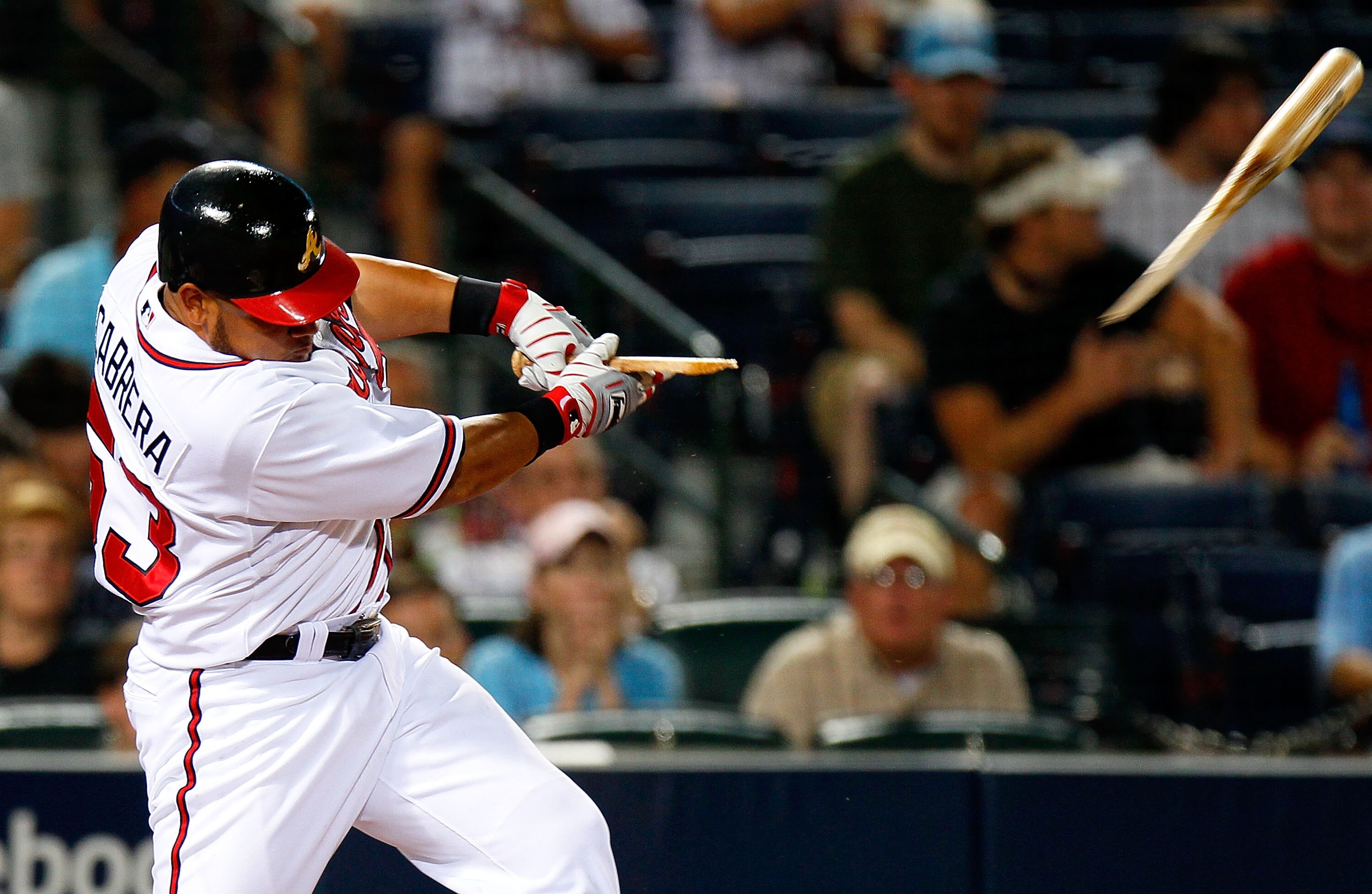 ATLANTA - JULY 15:  Melky Cabrera #53 of the Atlanta Braves breaks his bat on a single in the eighth inning against the Milwaukee Brewers at Turner Field on July 15, 2010 in Atlanta, Georgia.  (Photo by Kevin C. Cox/Getty Images)
