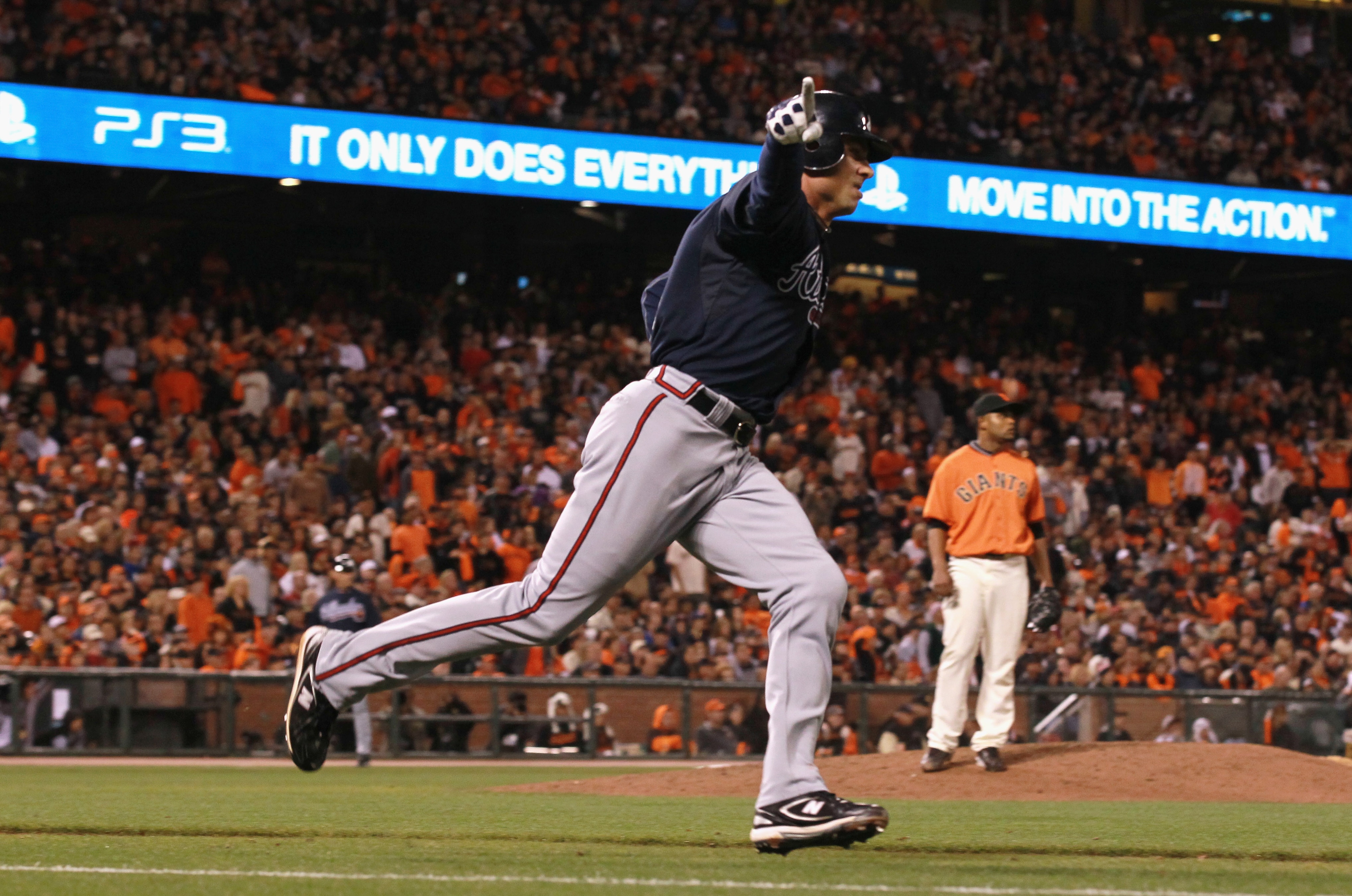 SAN FRANCISCO - OCTOBER 08:  Rick Ankiel #28 of the Atlanta Braves celebrates after hitting a solo home run in the tenth inning of the National League Division Series with the San Francisco Giants at AT&T Park on October 8, 2010 in San Francisco, Californ