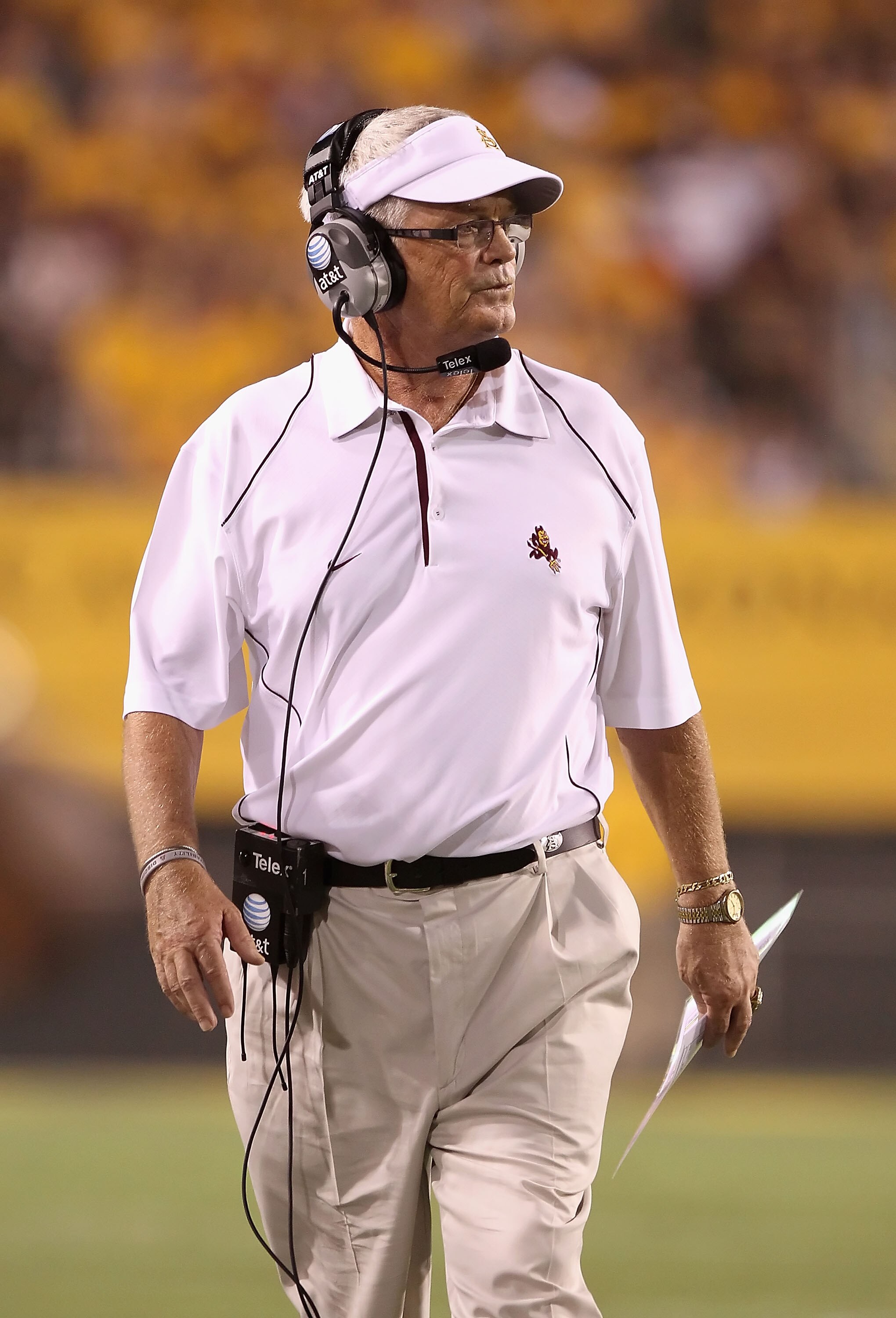 TEMPE, AZ - SEPTEMBER 04:  Head coach Dennis Erickson of the Arizona State Sun Devils walks the sidelines during the college football game against the Portland State Vikings at Sun Devil Stadium on September 4, 2010 in Tempe, Arizona.  (Photo by Christian
