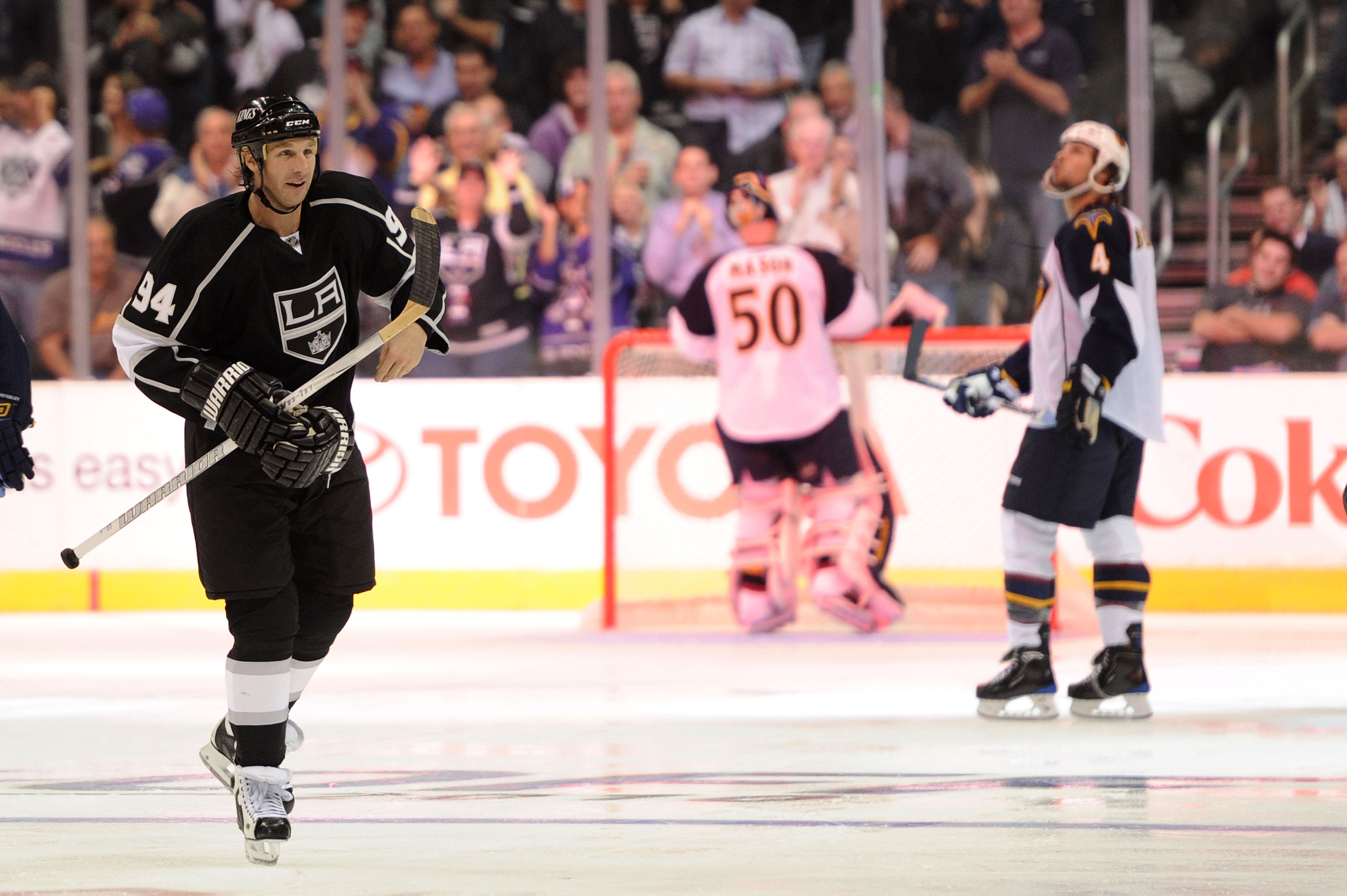 LOS ANGELES, CA - OCTOBER 12:  Ryan Smyth #94 of the Los Angeles Kings skates off the ice after scoring a goal against the Atlanta Thrashers during their game at Staples Center on October 12, 2010 in Los Angeles, California.  (Photo by Harry How/Getty Ima