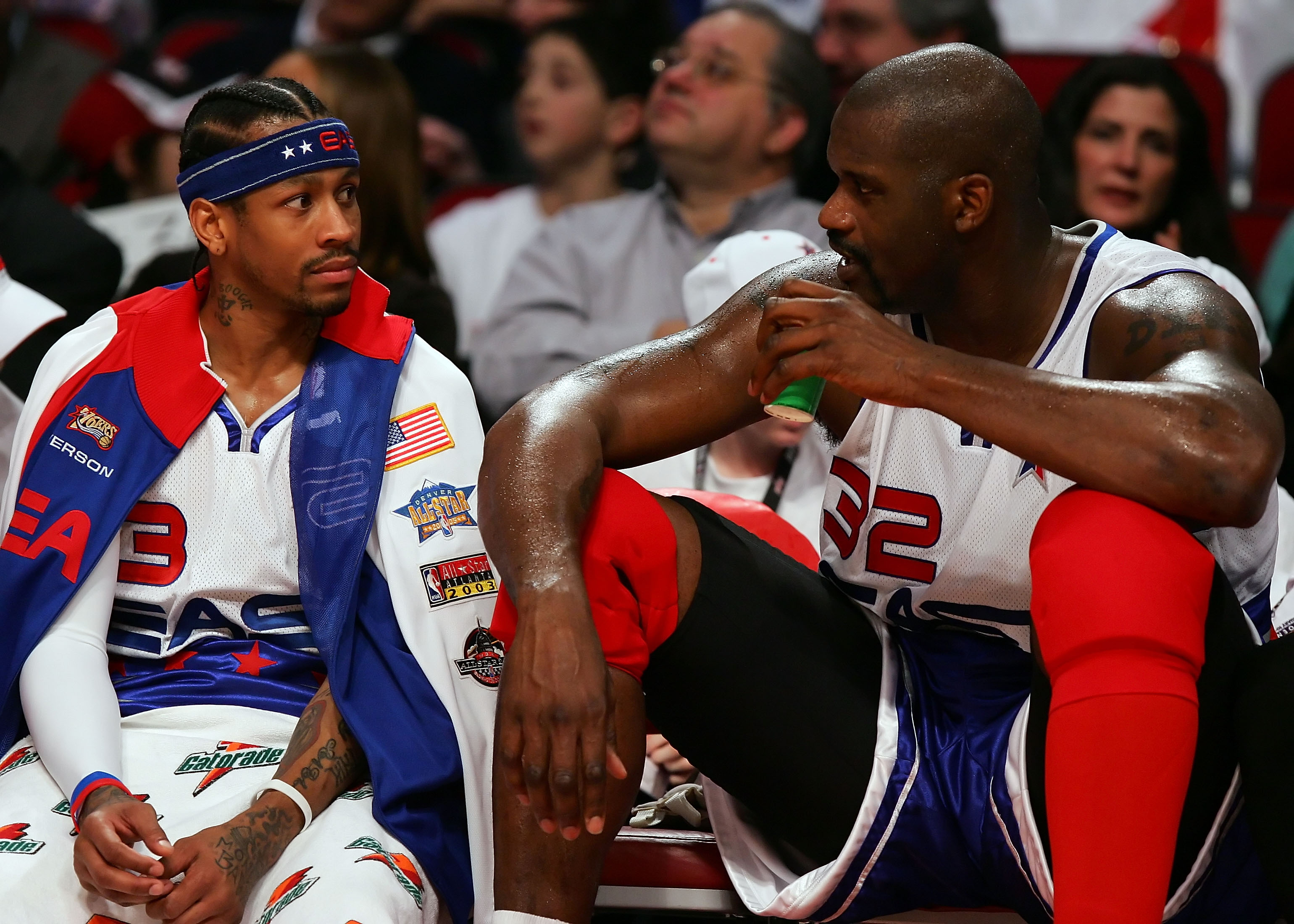 HOUSTON - FEBRUARY 18:  (L-R) Allen Iverson #3 talks with Shaquille O'Neal #32 of the East Team during the 2006 NBA All-Star Game during NBA All-Star Weekend at the Toyota Center on February 19, 2006 in Houston, Texas. The East defeated the West 122-120.