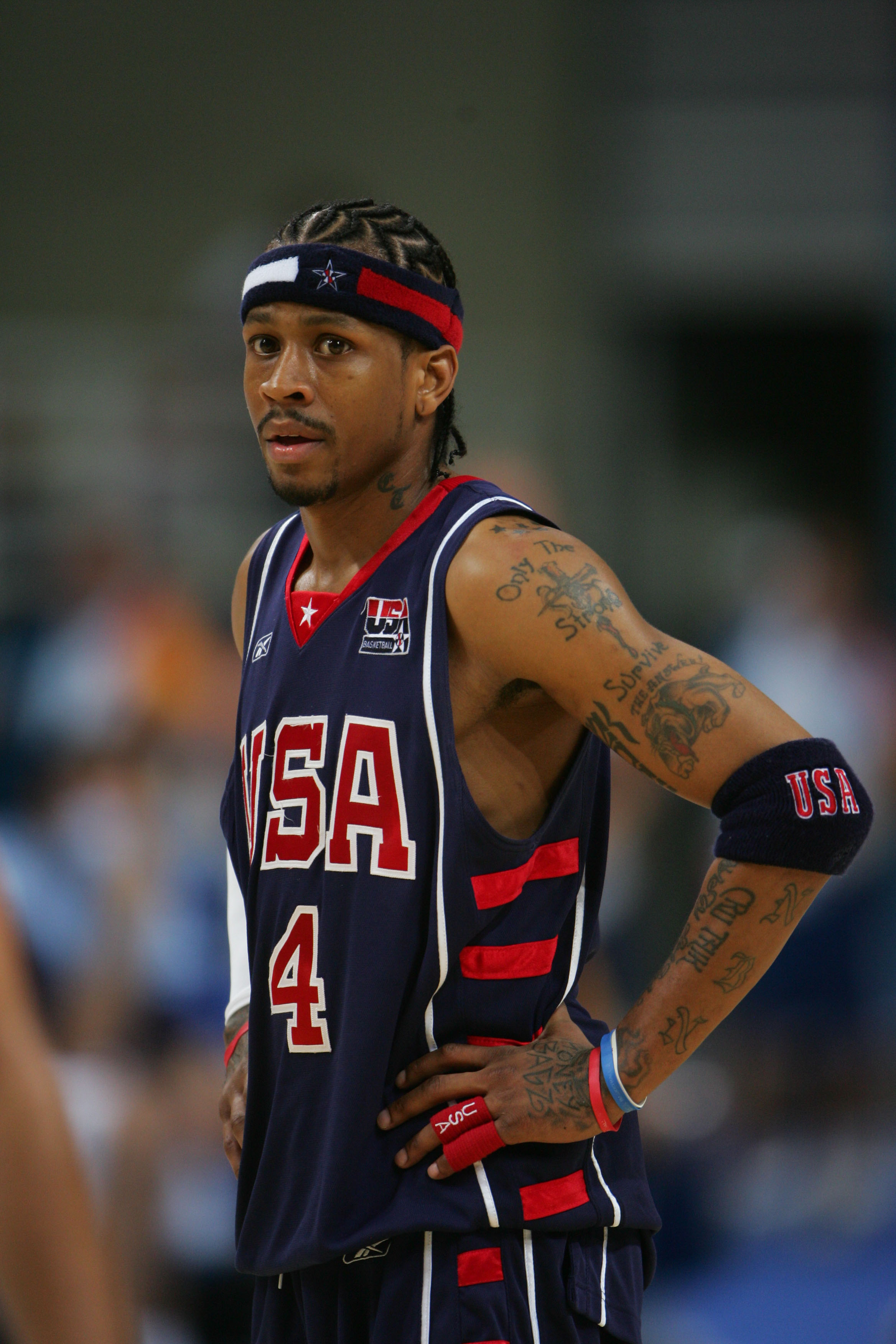 ATHENS - AUGUST 27:  Allen Iverson #4 of United States stands on the court during the men's basketball semifinal game against Argentina on August 27, 2004 during the Athens 2004 Summer Olympic Games at the Indoor Hall of the Olympic Sports Complex in Athe