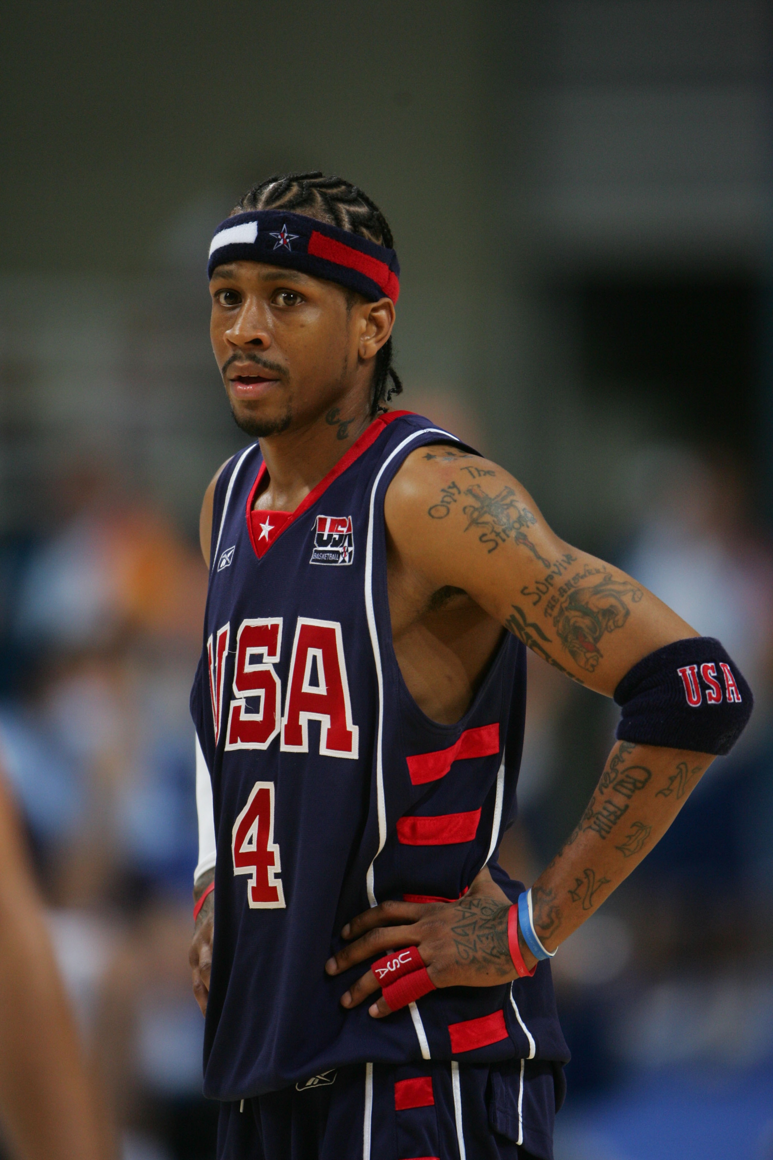 ATHENS - AUGUST 27:  Allen Iverson #4 of United States stands on the court during the men's basketball semifinal game against Argentina on August 27, 2004 during the Athens 2004 Summer Olympic Games at the Indoor Hall of the Olympic Sports Complex in Athe