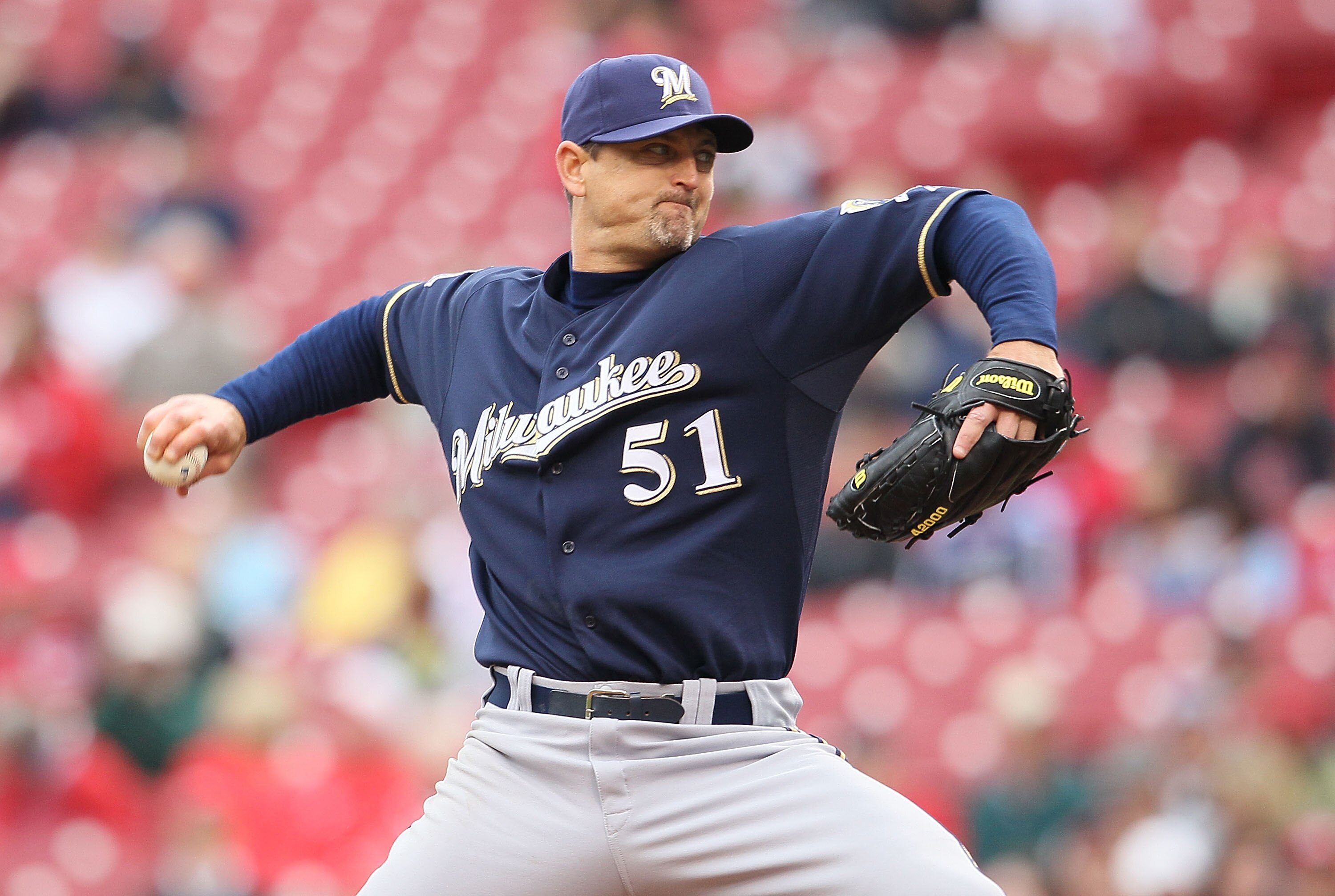 CINCINNATI - MAY 18: Trevor Hoffman #51 of the Milwaukee Brewers throws a pitch in the 9th inning during the game against the Cincinnati Reds at Great American Ball Park on May 18, 2010 in Cincinnati, Ohio. The Reds won 5-4. (Photo by Andy Lyons/Getty Ima