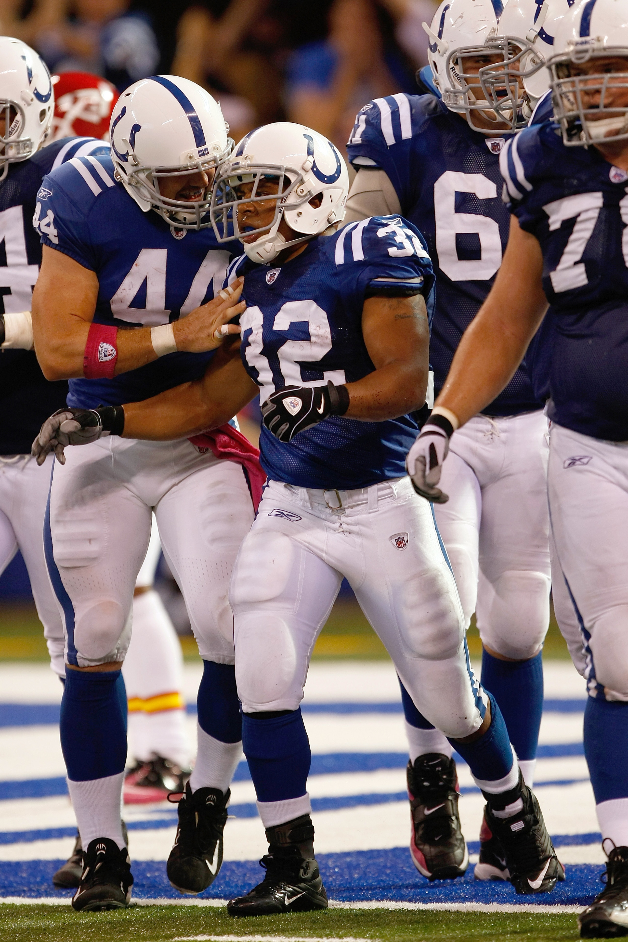 INDIANAPOLIS, IN - OCTOBER 10: Mike Hart #32 of the Indianapolis Colts is congratulated by Dallas Clark after scoring a touchdown against the Kansas City Chiefs at Lucas Oil Stadium on October 10, 2010 in Indianapolis, Indiana. The Colts defeated the Chie