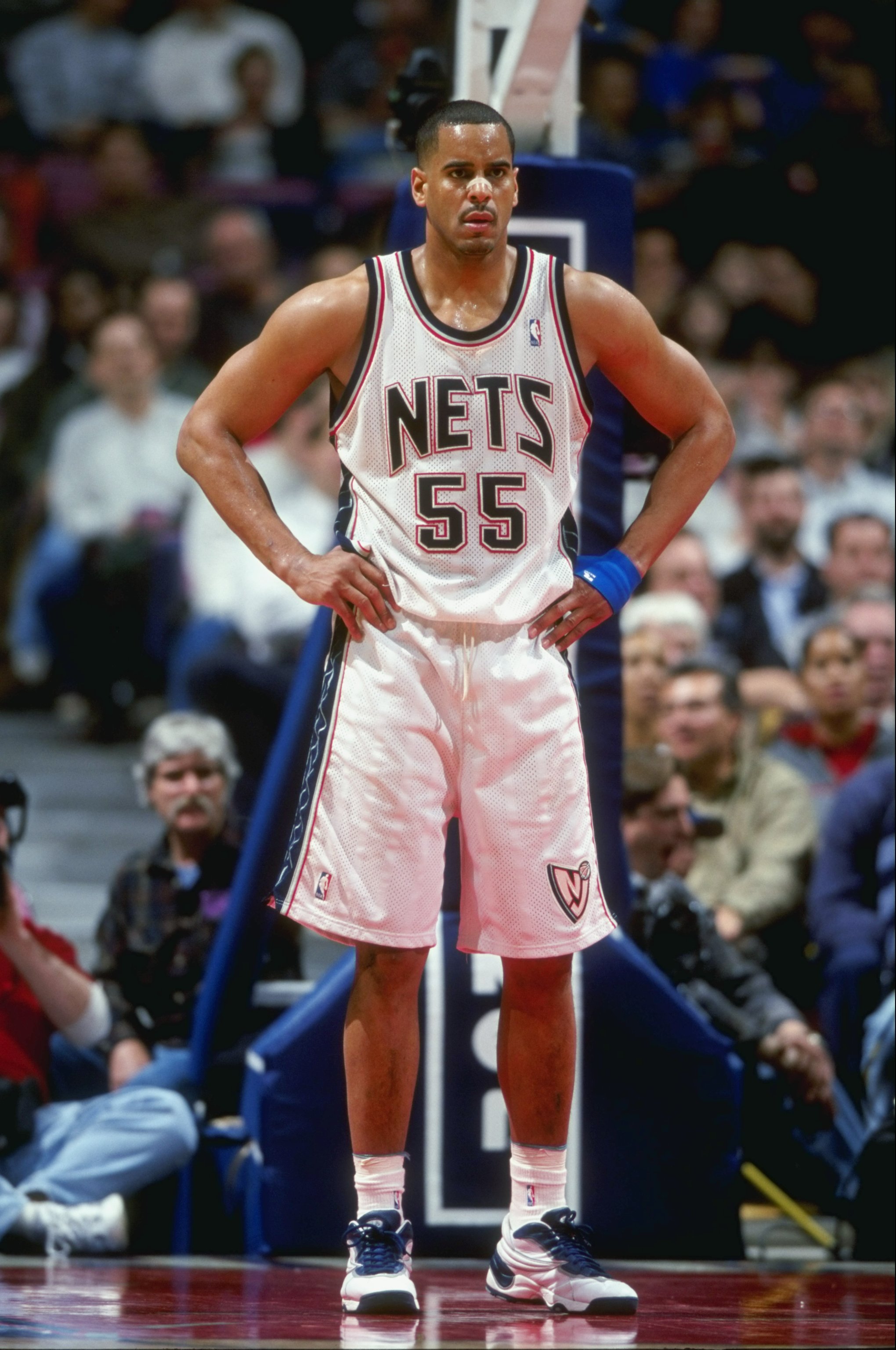 24 Mar 1999: Jayson Williams #55 of the New Jersey Nets stands under the basket as he waits during a game against the Detroit Pistons at the Continental Airlines Arena in East Rutherford, New Jersey. The Pistons defeated the Nets 84-71.