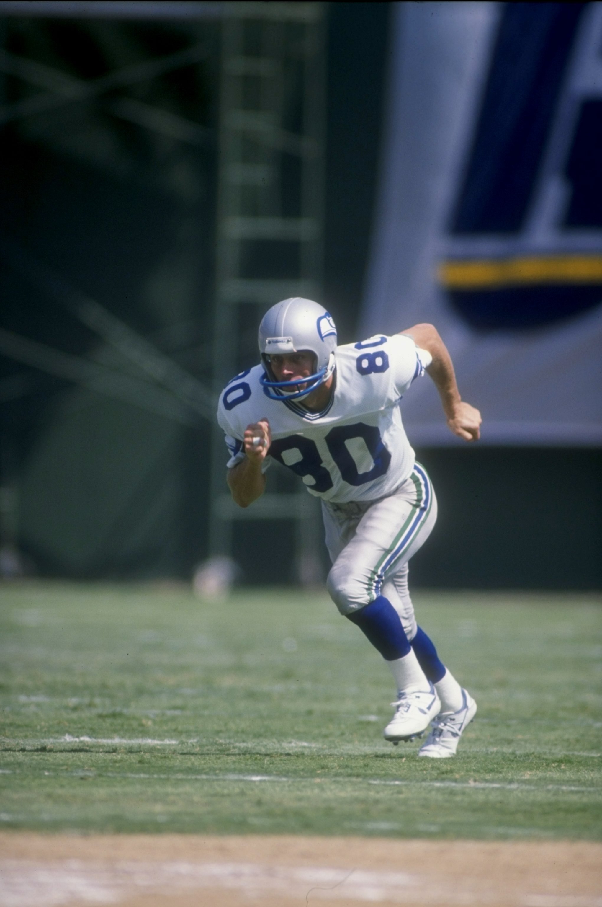 18 Sep 1988:  Steve Largent #80 of the Seattle Seahawks in action during a game against the San Diego Chargers at the Jack Murphy Stadium in San Diego, California. The Chargers defeated the Seahawks 17-6. Mandatory Credit: Stephen Dunn  /Allsport