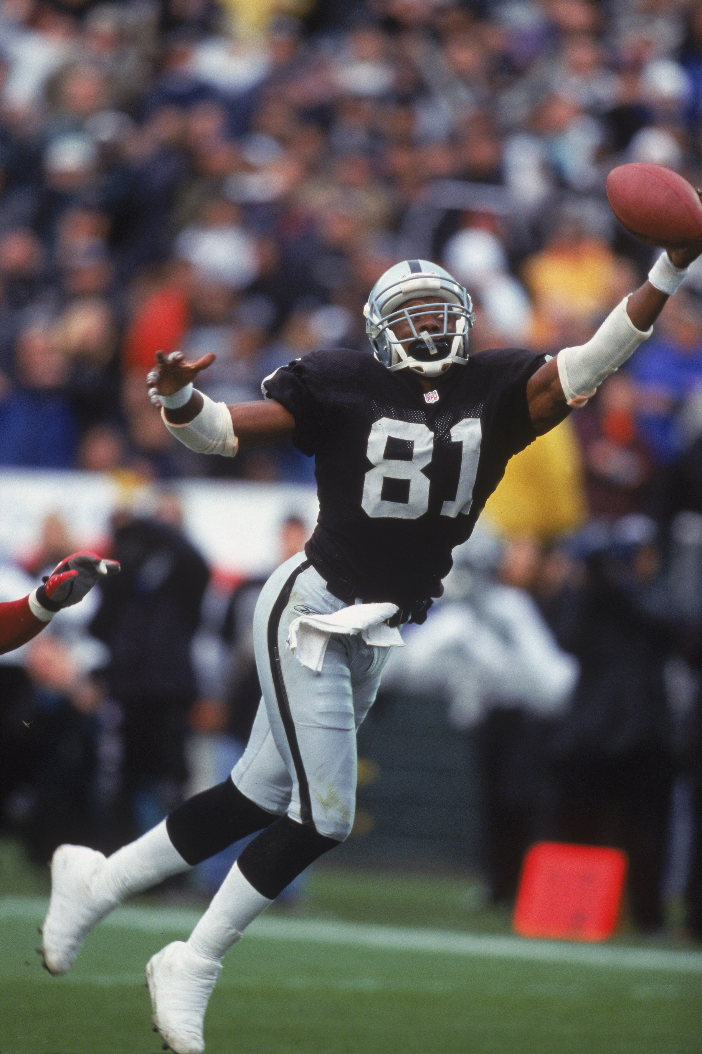 2 Dec 2001:  Wide receiver Tim Brown #81 of the Oakland Raiders makes a one-handed touchdown grab during the NFL game against the Arizona Cardinals at Network Associates Coliseum in Oakland, California.  The Cardinals edged the Raiders in overtime 34-31.