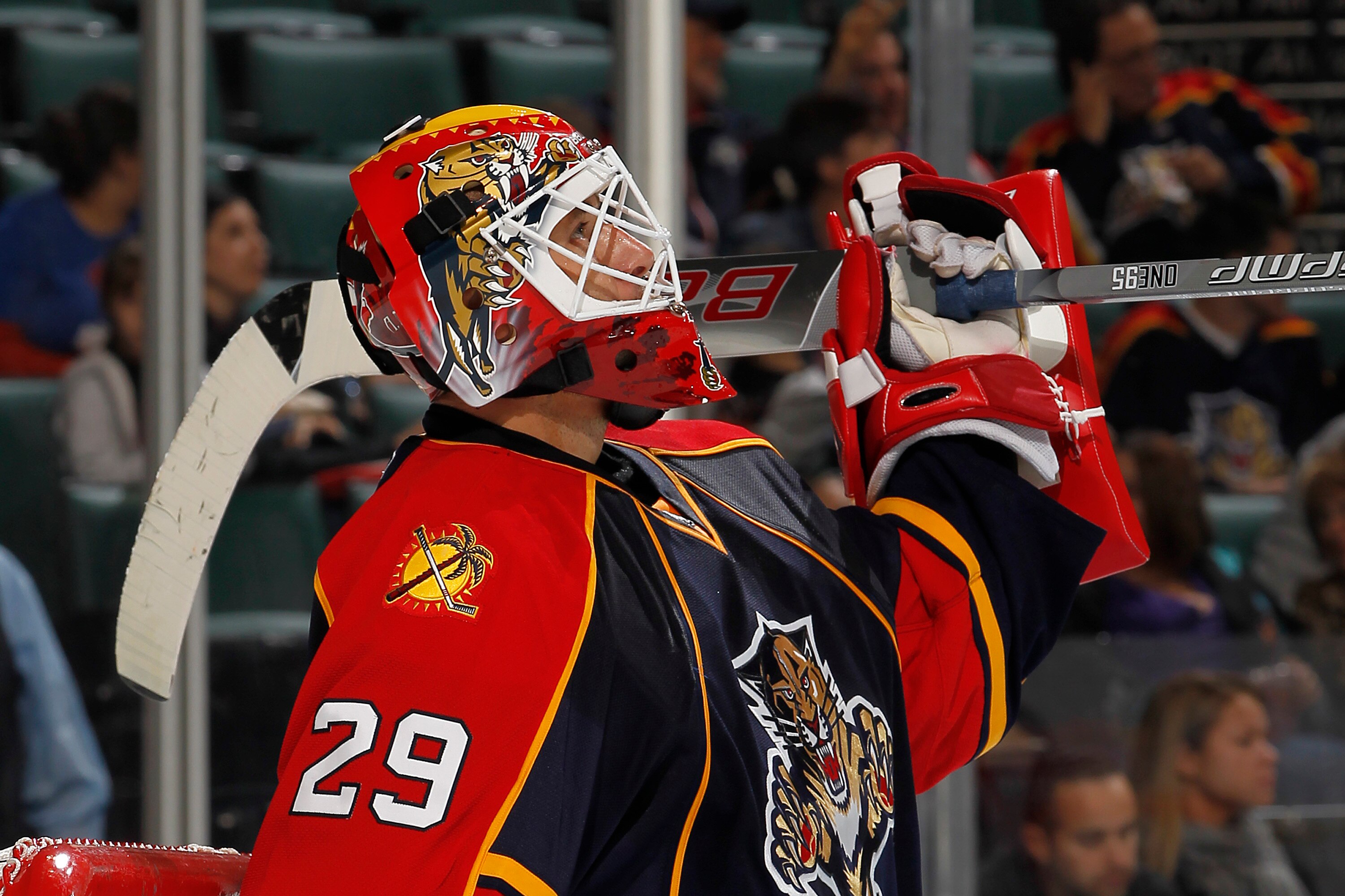 SUNRISE, FL - OCTOBER 1: Goaltender Tomas Vokoun #29 of the Florida Panthers watches a replay during a stop in action against the Tampa Bay Lightning during a pre season game on October 1, 2010 at the BankAtlantic Center in Sunrise, Florida. The Lightning