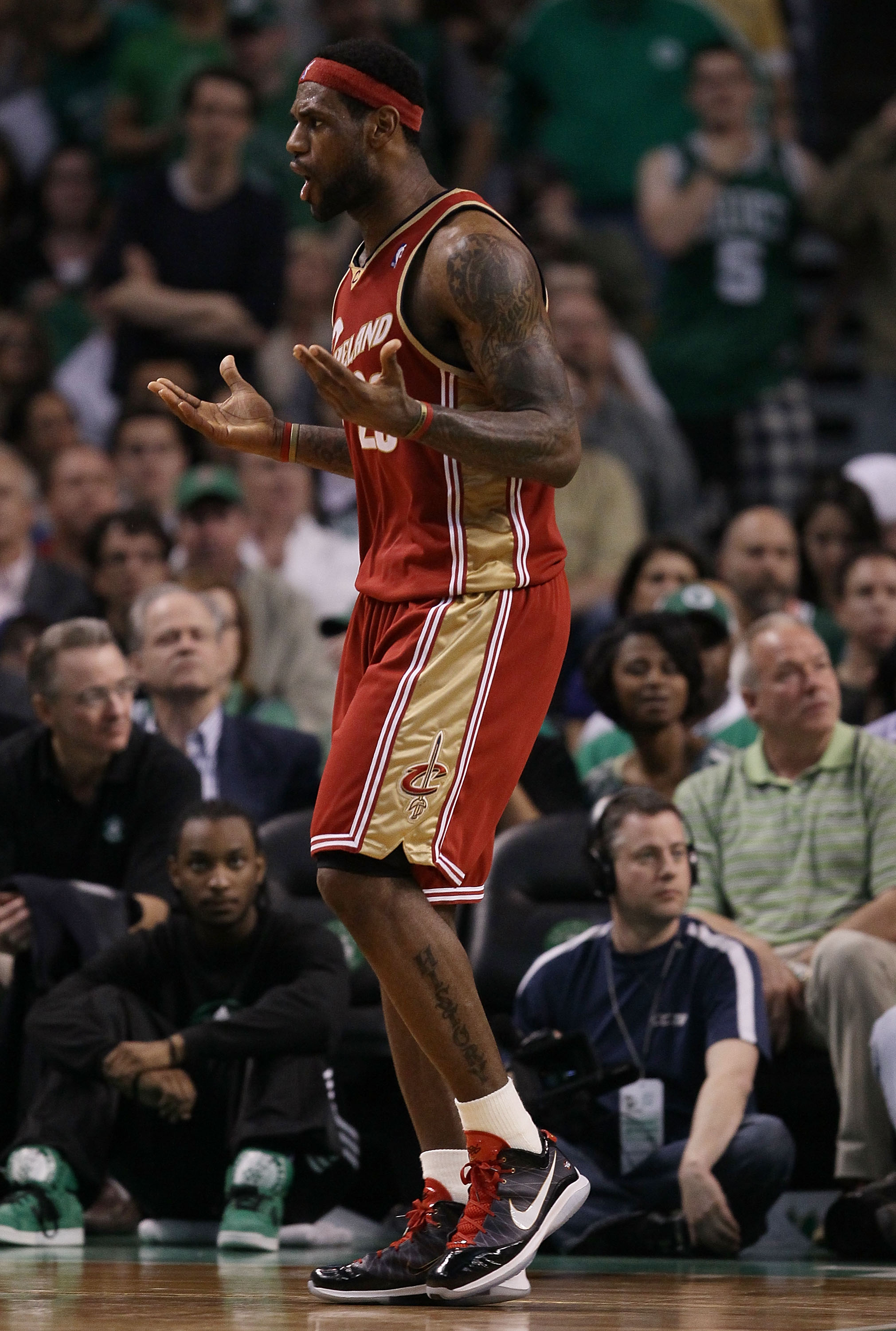 BOSTON - MAY 13:  LeBron James #23  of the Cleveland Cavaliers reacts late in the fourth quarter against the Boston Celtics during Game Six of the Eastern Conference Semifinals of the 2010 NBA playoffs at TD Garden on May 13, 2010 in Boston, Massachusetts