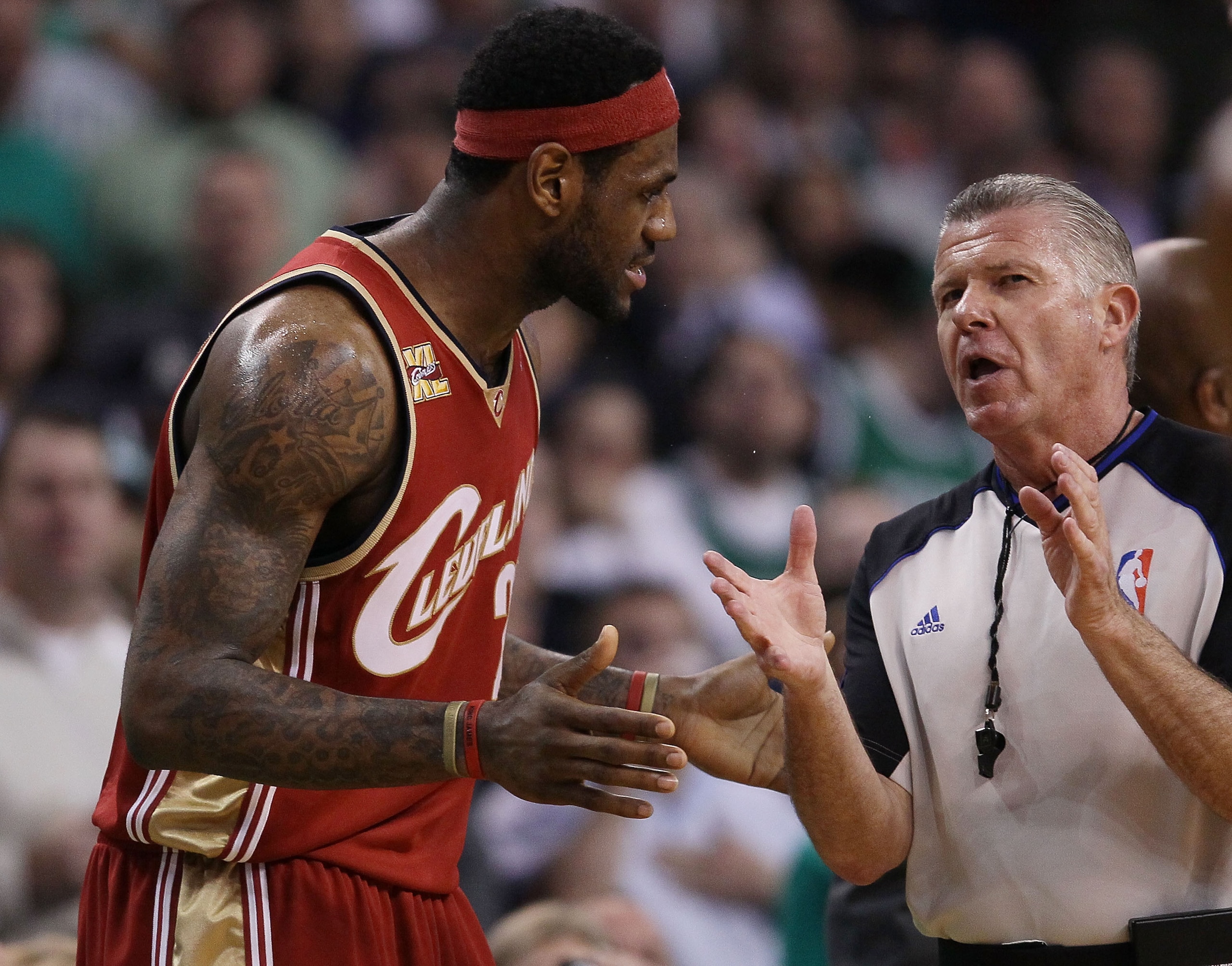 BOSTON - MAY 13:  LeBron James #23 of the Cleveland Cavaliers discusses a call with a referee in the first half against the Boston Celtics during Game Six of the Eastern Conference Semifinals of the 2010 NBA playoffs at TD Garden on May 13, 2010 in Boston