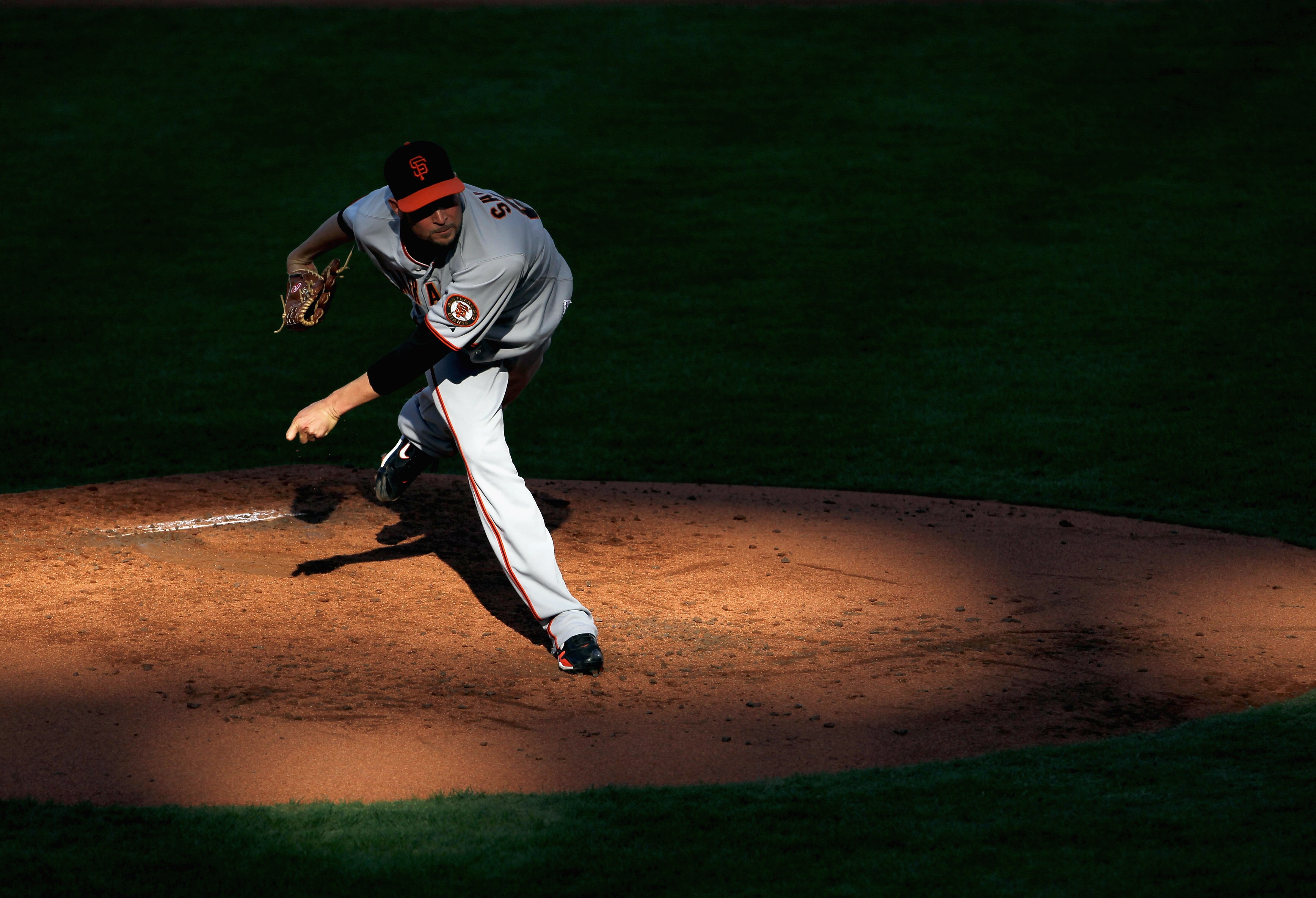 ATLANTA - OCTOBER 10:  Starting pitcher Jonathan Sanchez #57 of the San Francisco Giants pitches to the Atlanta Braves during Game Three of the NLDS of the 2010 MLB Playoffs s on October 10, 2010 at Turner Field in Atlanta, Georgia.  (Photo by Jamie Squir