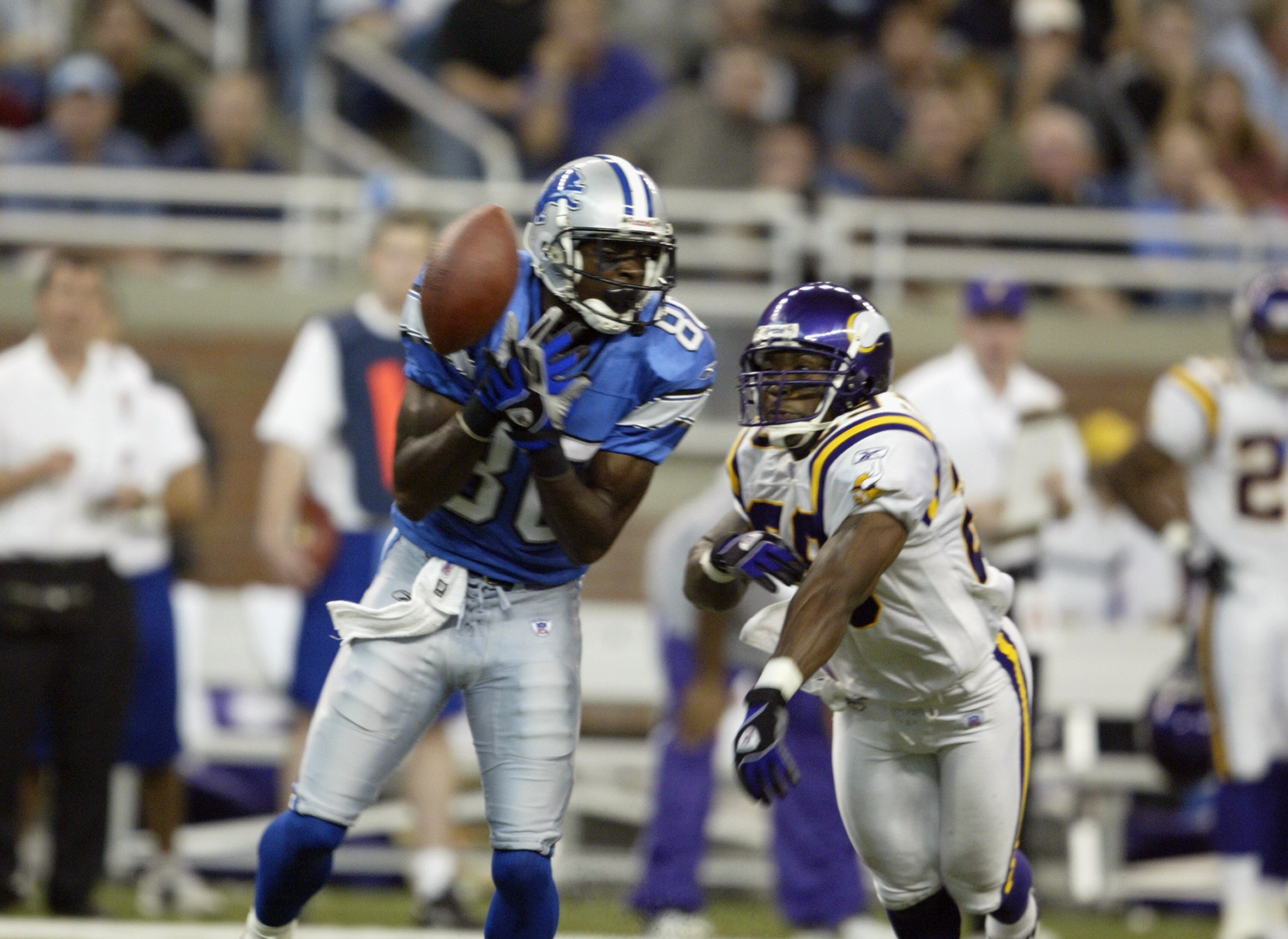 DETROIT - SEPTEMBER 21:  Wide receiver Charles Rogers #80 of the Detroit Lions fails to catch a pass while being defended by linebacker Mike Nattiel #59 of the Minnesota Vikings at Ford Field on September 21, 2003 in Detroit, Michigan. The Vikings defeate