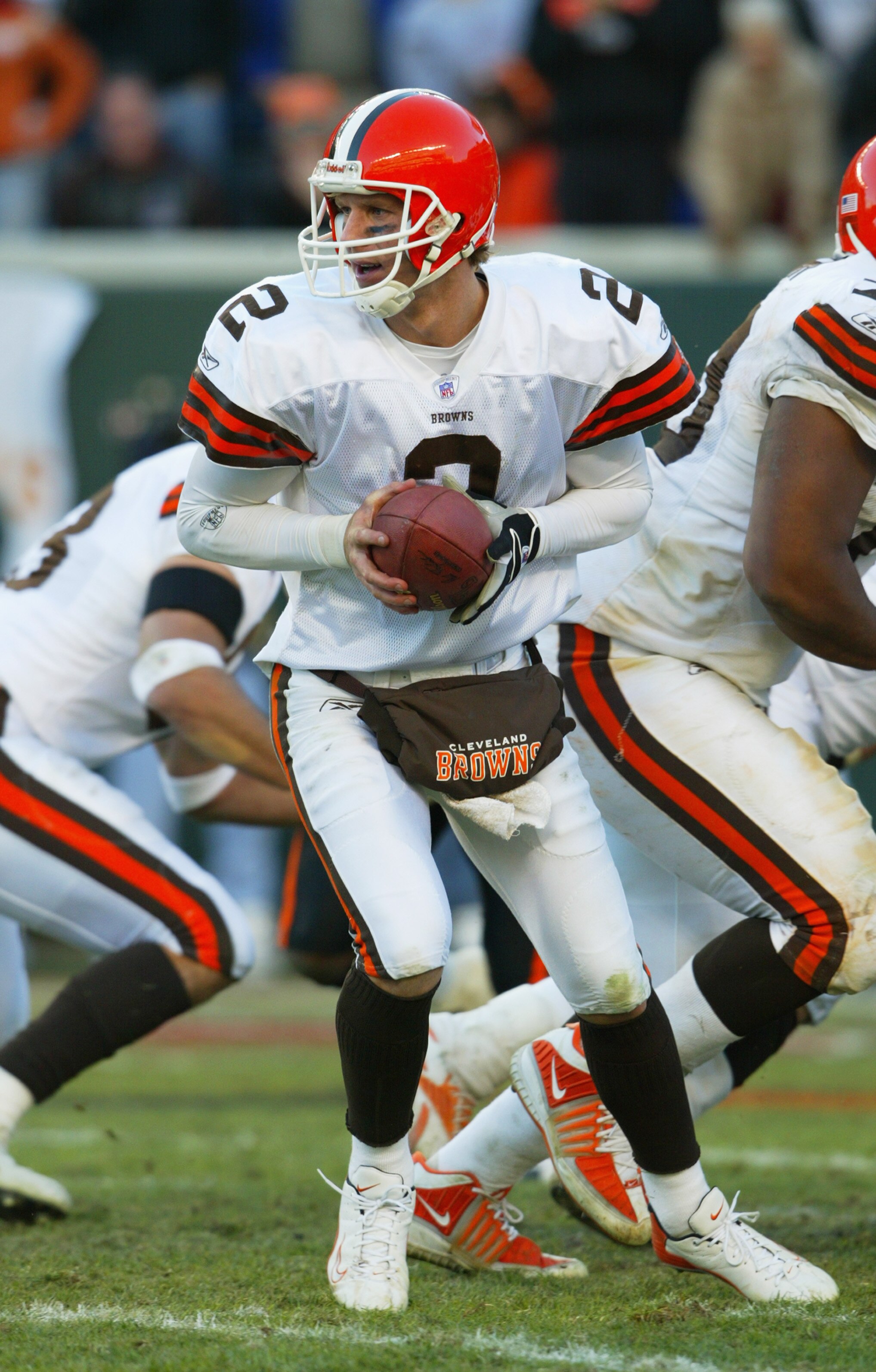 CINCINNATI - DECEMBER 28:  Quarterback Tim Couch #2 of the Cleveland Browns prepares to hand the ball off during the game against the Cincinnati Bengals on December 28, 2003 at Paul Brown Stadium in Cincinnati, Ohio. The Browns won 22-14.(Photo by Andy Ly
