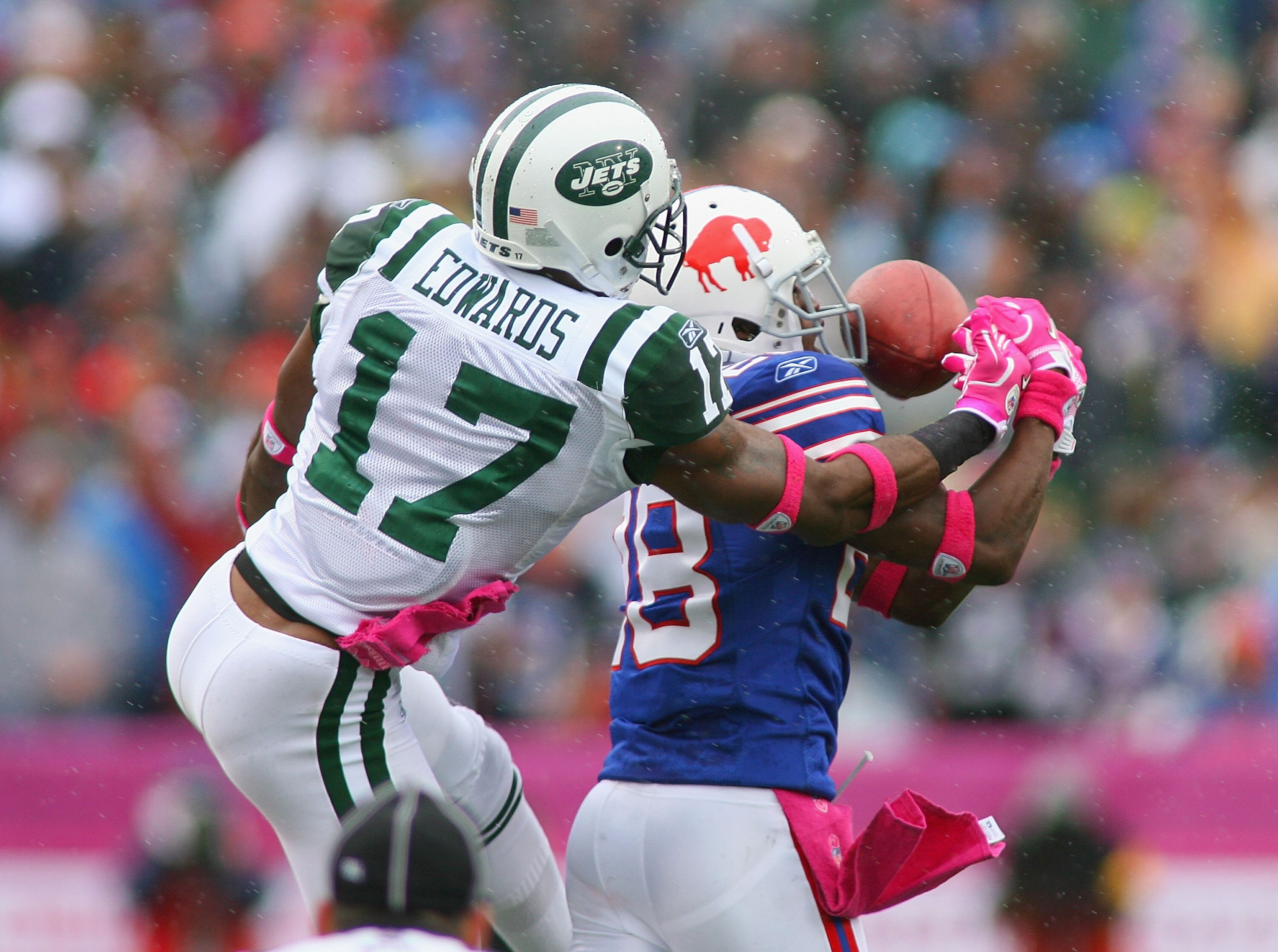 ORCHARD PARK, NY - OCTOBER 03: Leodis McKelvin #28 of  the Buffalo Bills breaks up a pass intended for Braylon Edwards #17 of the New York Jets at Ralph Wilson Stadium on October 3, 2010 in Orchard Park, New York. The Jets won 38-14. (Photo by Rick Stewar