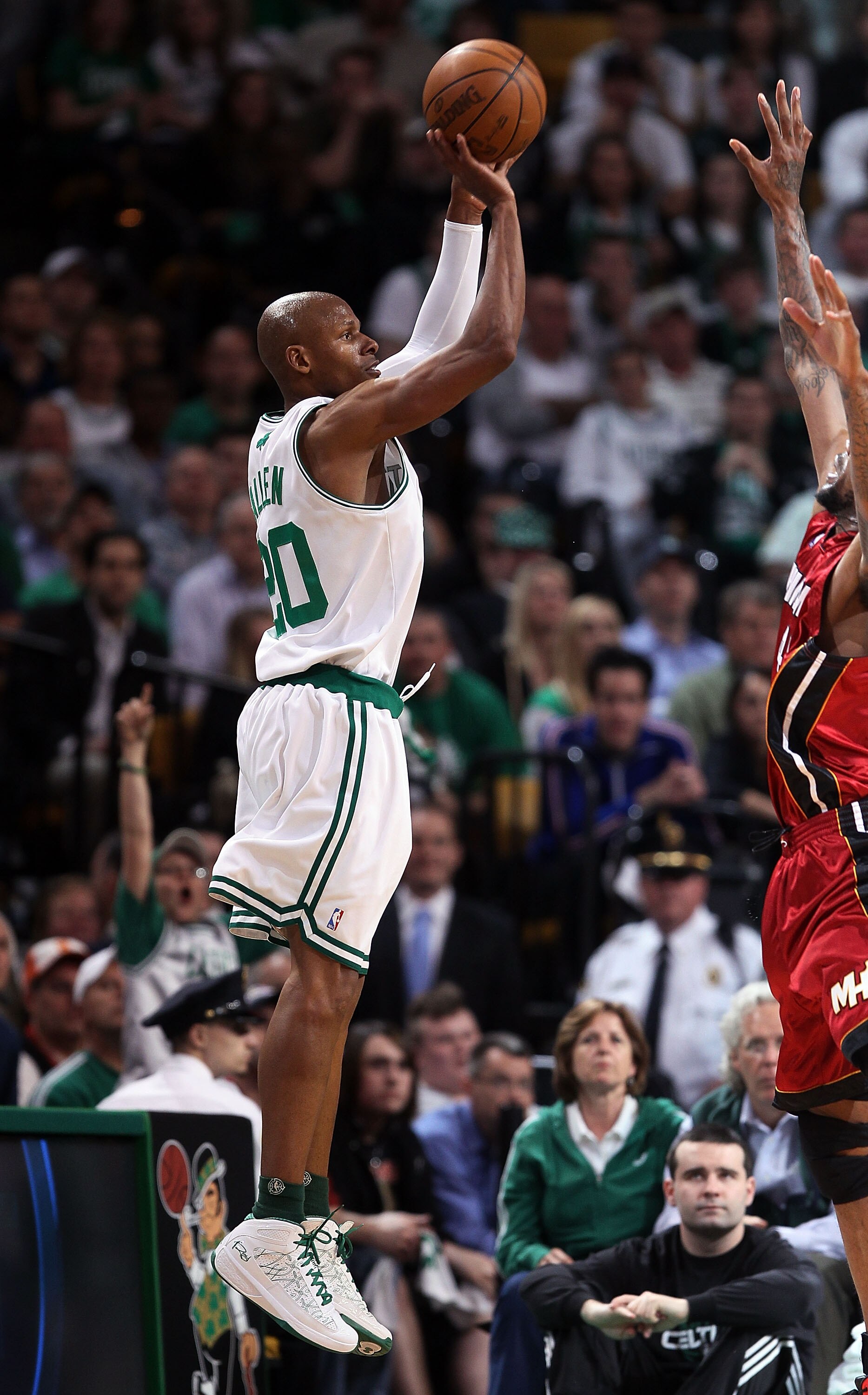 BOSTON - APRIL 20:  Ray Allen #20 of the Boston Celtics shoots a three pointer in the fourth quarter against the Miami Heat during Game Two of the Eastern Conference Quarterfinals of the 2010 NBA playoffs at the TD Garden on April 20, 2010 in Boston, Mass