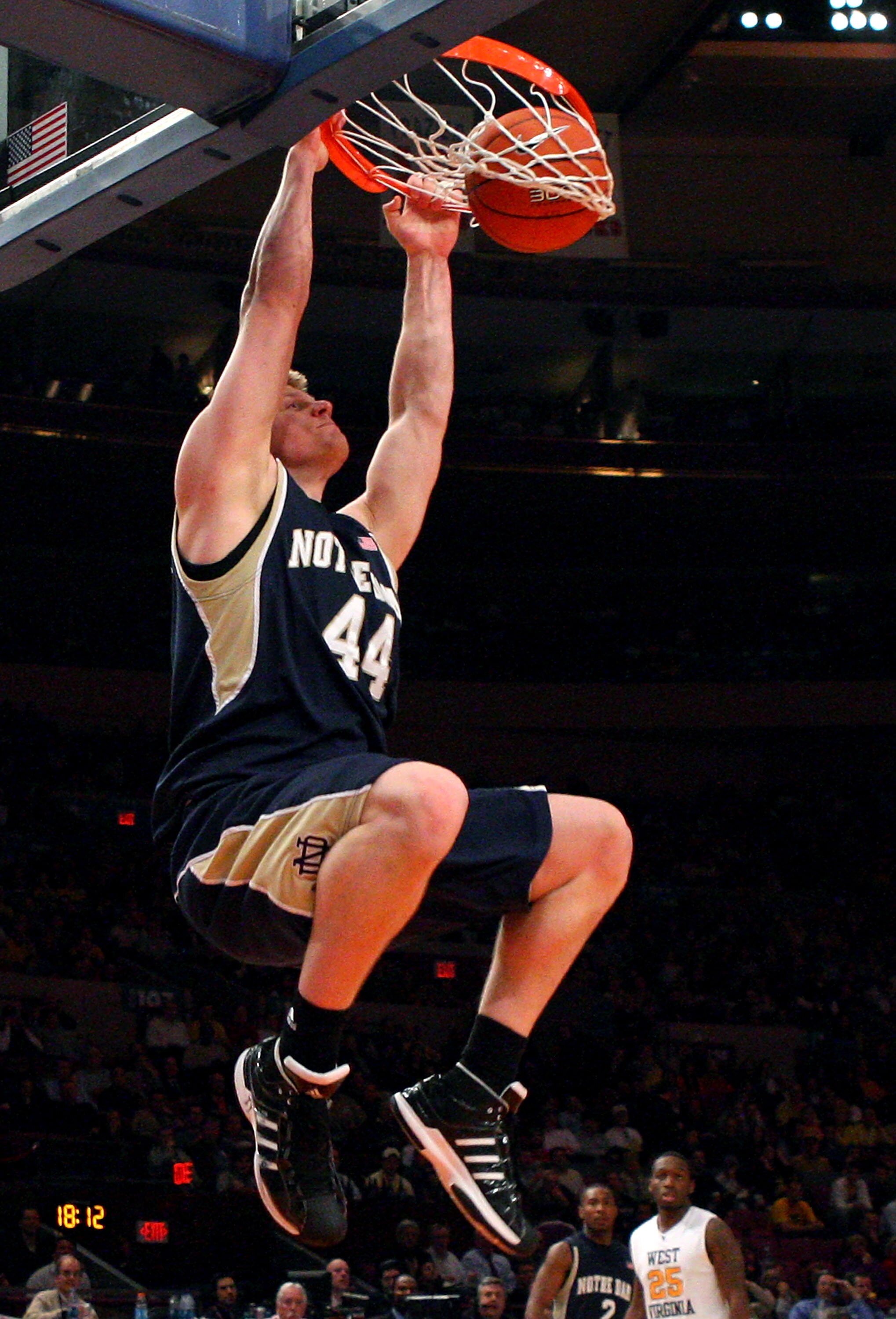 NEW YORK - MARCH 11:  Luke Harangody #44 of the Notre Dame Fighting Irish dunks the ball against the West Virginia Mountaineers during the second round of the Big East Tournament at Madison Square Garden on March 11, 2009 in New York City.  (Photo by Jim