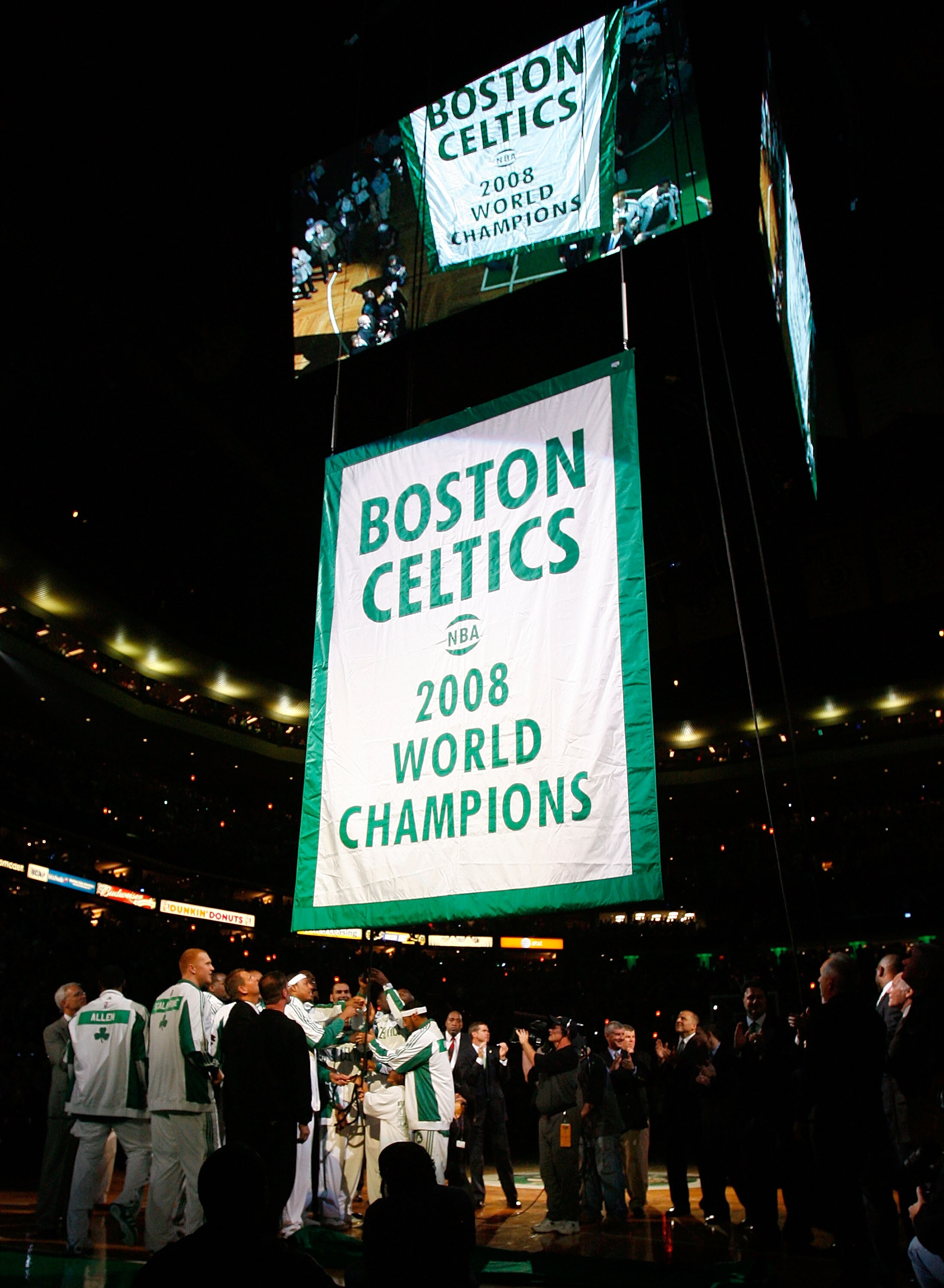 BOSTON, MA - OCTOBER 28: The Boston Celtics raise 2008 World Championship banner during the 2008 NBA World Championship ceremony before a game against the Cleveland Cavaliers at the TD Banknorth Garden on October 28, 2008 in Boston, Massachusetts. NOTE TO
