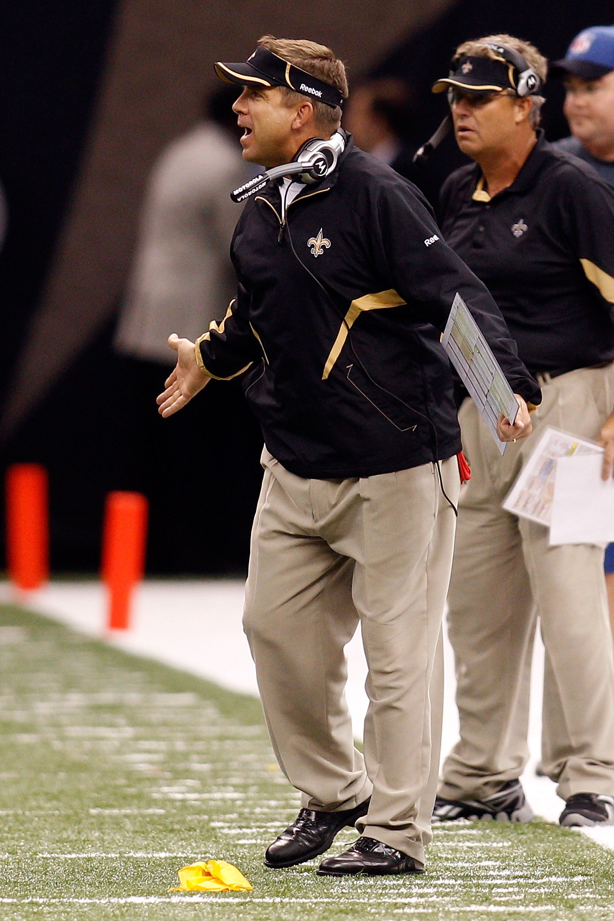 NEW ORLEANS - SEPTEMBER 26:  Head coach Sean Payton of the New Orleans Saints reacts to a call by the officials during the game against the Atlanta Falcons at the Louisiana Superdome on September 26, 2010 in New Orleans, Louisiana.  The Falcons defeated t