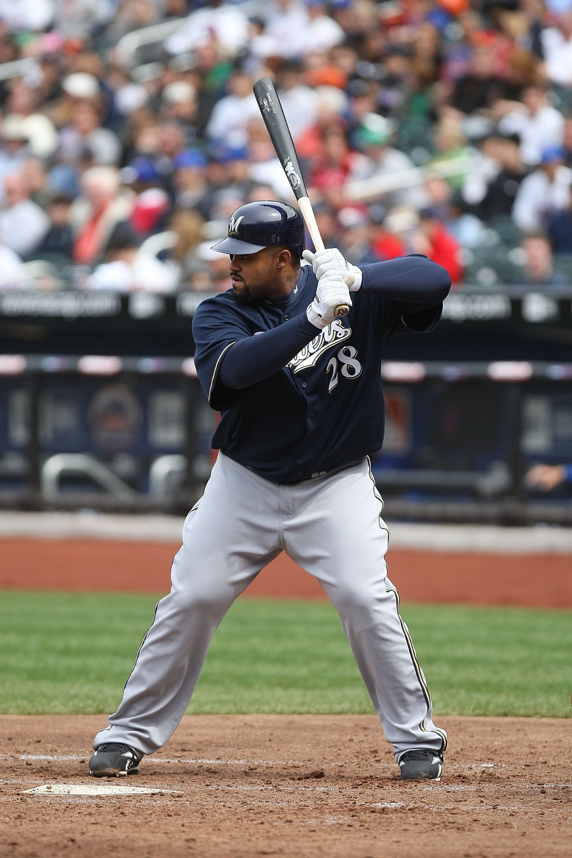 NEW YORK - APRIL 19:  Prince Fielder #28 of the Milwaukee Brewers at bat against the New York Mets at Citi Field on April 19, 2009 in the Flushing neighborhood of the Queens borough of New York City.  (Photo by Nick Laham/Getty Images)
