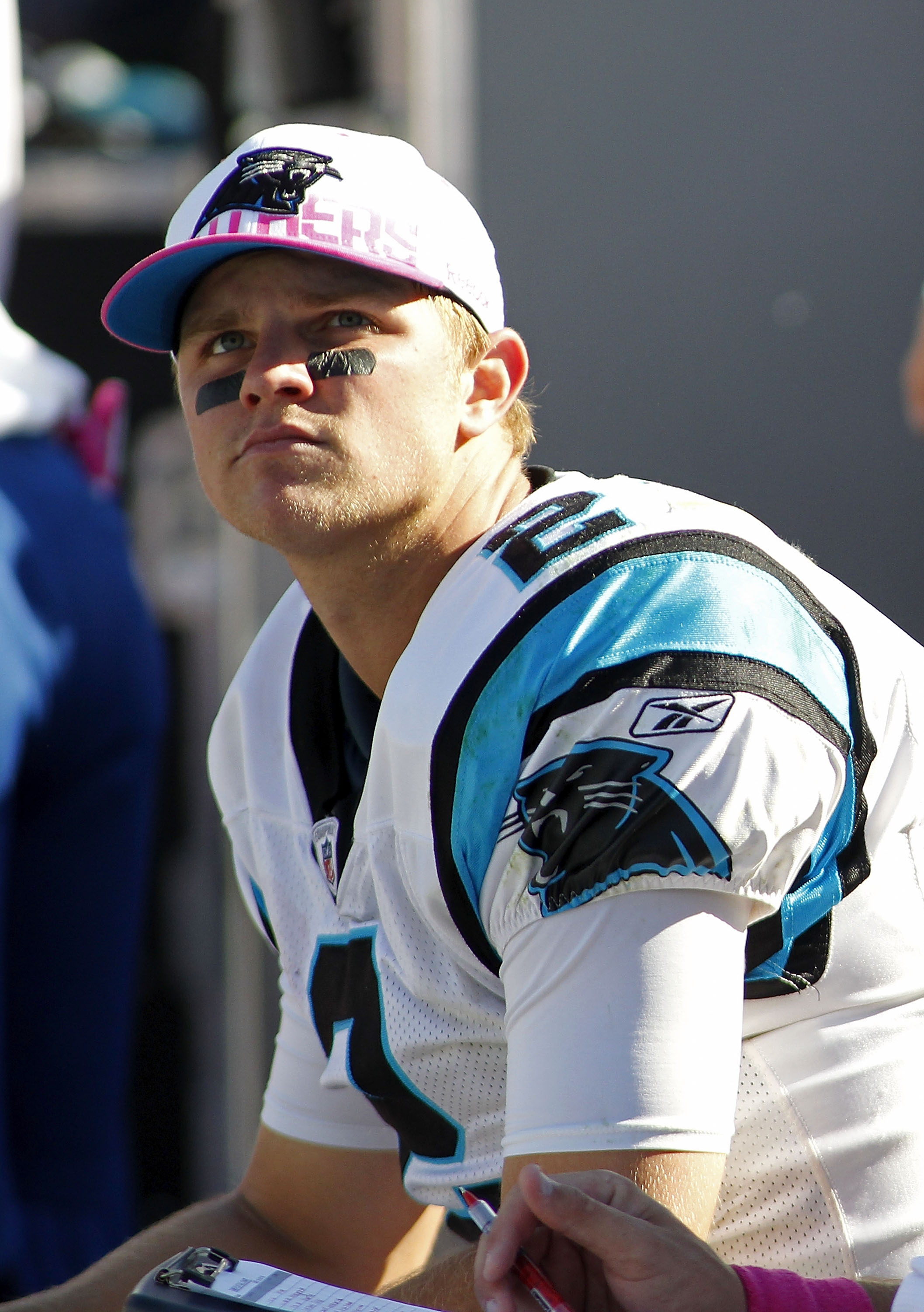 CHARLOTTE, NC - OCTOBER 10: Quarterback Jimmy Clausen #2 of the Carolina Panthers watches from the sidelines against the Chicago Bears at Bank of America Stadium on October 10, 2010 in Charlotte, North Carolina. (Photo by Geoff Burke/Getty Images)