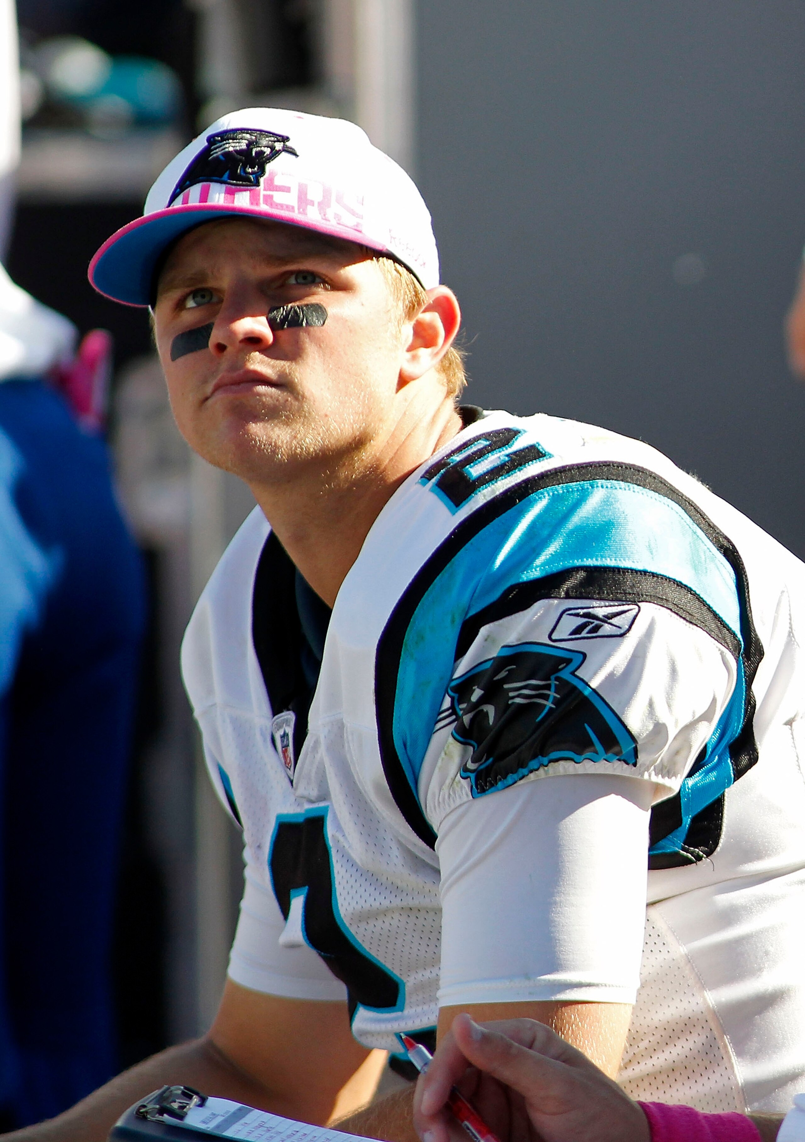 CHARLOTTE, NC - OCTOBER 10: Quarterback Jimmy Clausen #2 of the Carolina Panthers watches from the sidelines against the Chicago Bears at Bank of America Stadium on October 10, 2010 in Charlotte, North Carolina. (Photo by Geoff Burke/Getty Images)